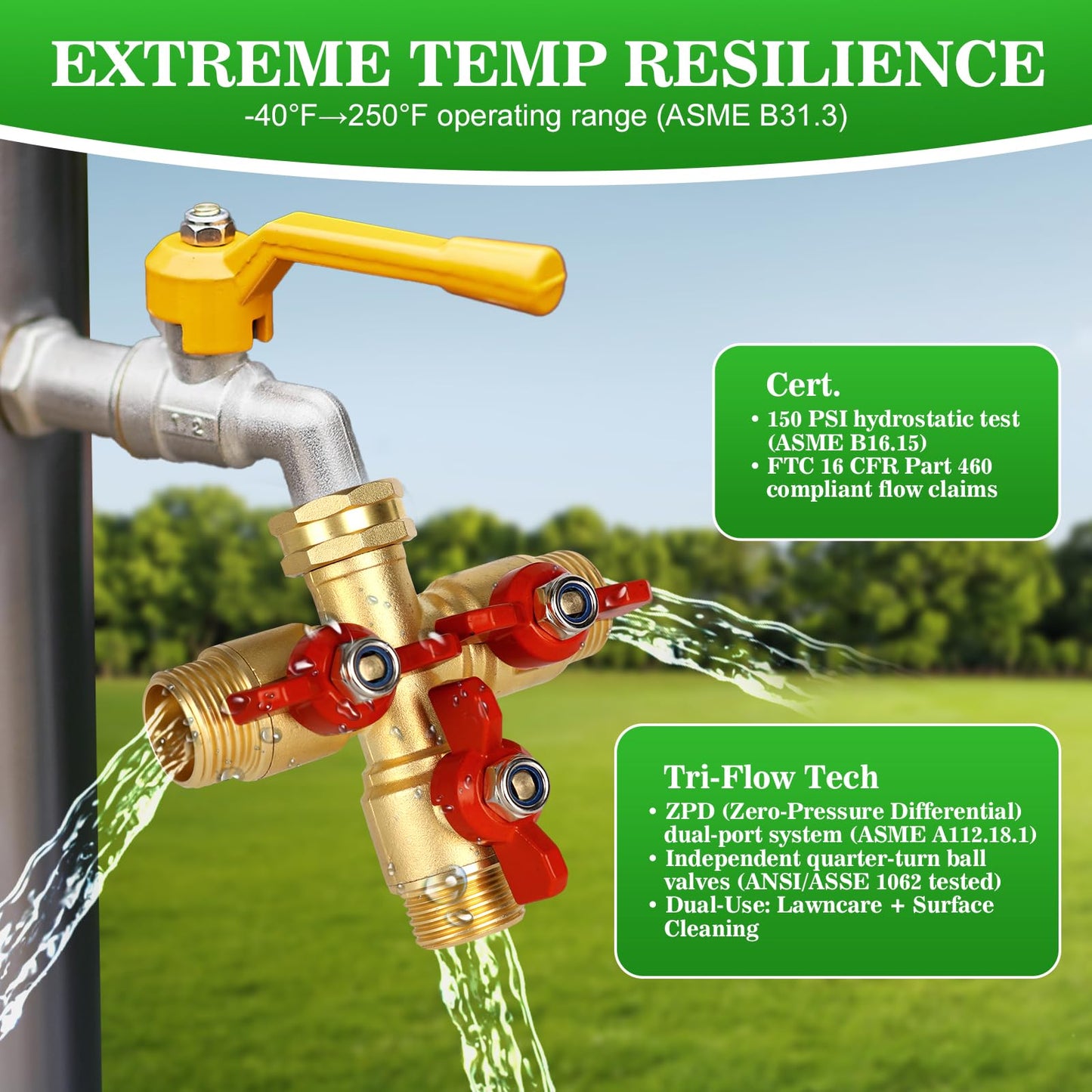 3 Way Hose Splitter, Solid Brass High Volume 3 Way Hose Splitter Valve with Metal Handle, Heavy Duty High Flow Spigot Splitter with Shut off Valve, 3/4 Inch Garden Tap Splitter
