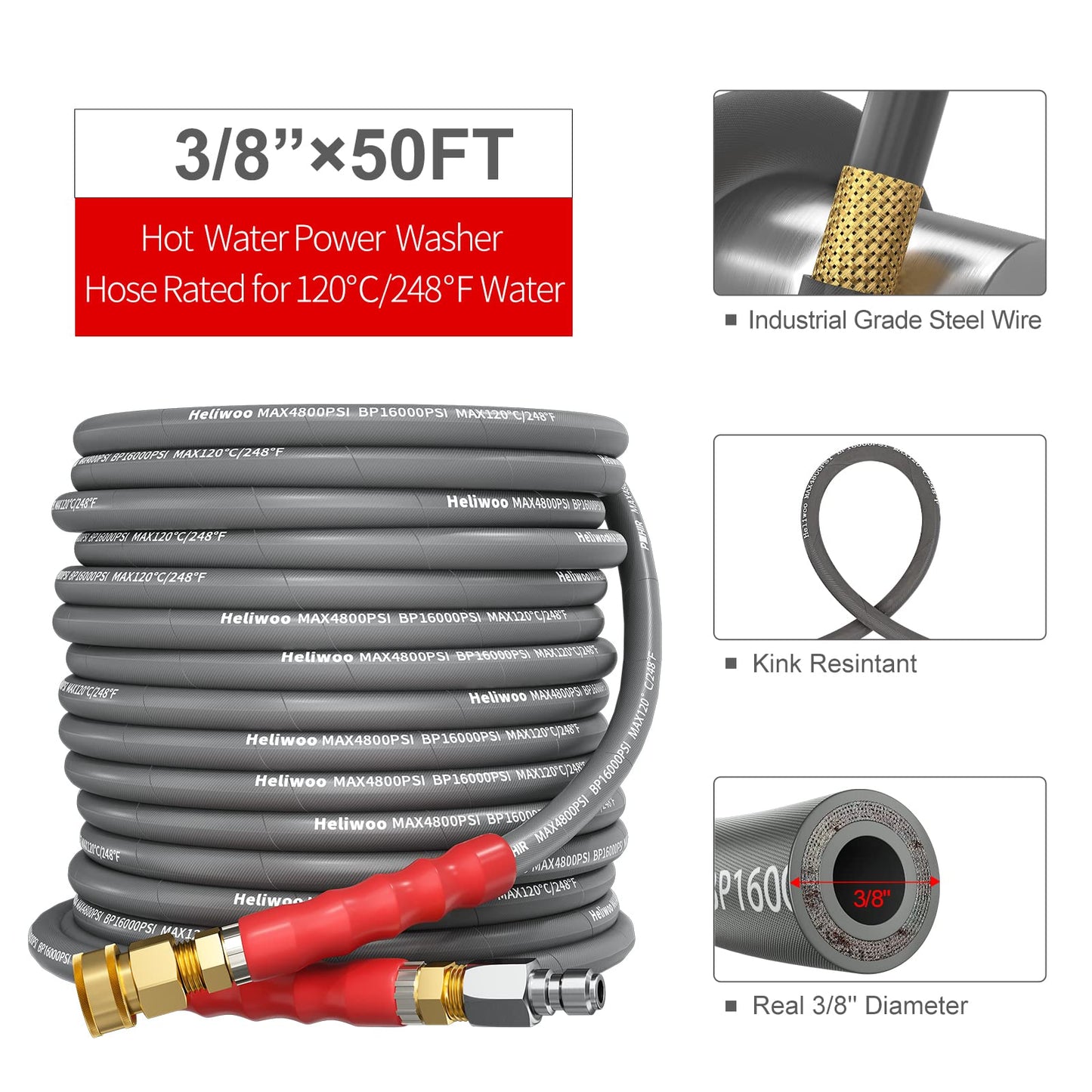 Heliwoo 3/8'' Pressure Washer Hose 50 FT, Hot and Cold Water Power Washer Hose Max 248°F, Commercial Industrial Grade Steel Wire Braided Kink Proof Extension Hose with 3/8 Quick Connect 4800 PSI