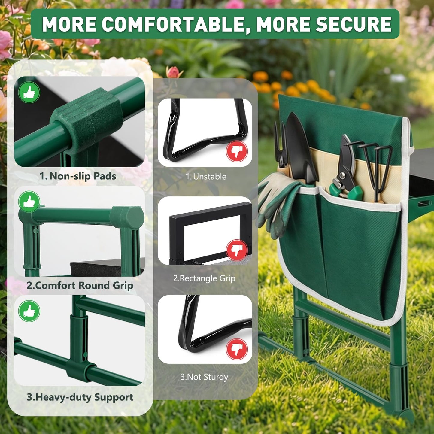 Garden Kneeler and Seat for Seniors – Heavy Duty Anti-Tip Gardening Stool with Widened Thick Soft Kneeling Pad, Foldable Garden Bench with Sturdy Handles, Gardening Gifts for Women Men Mom (Green)