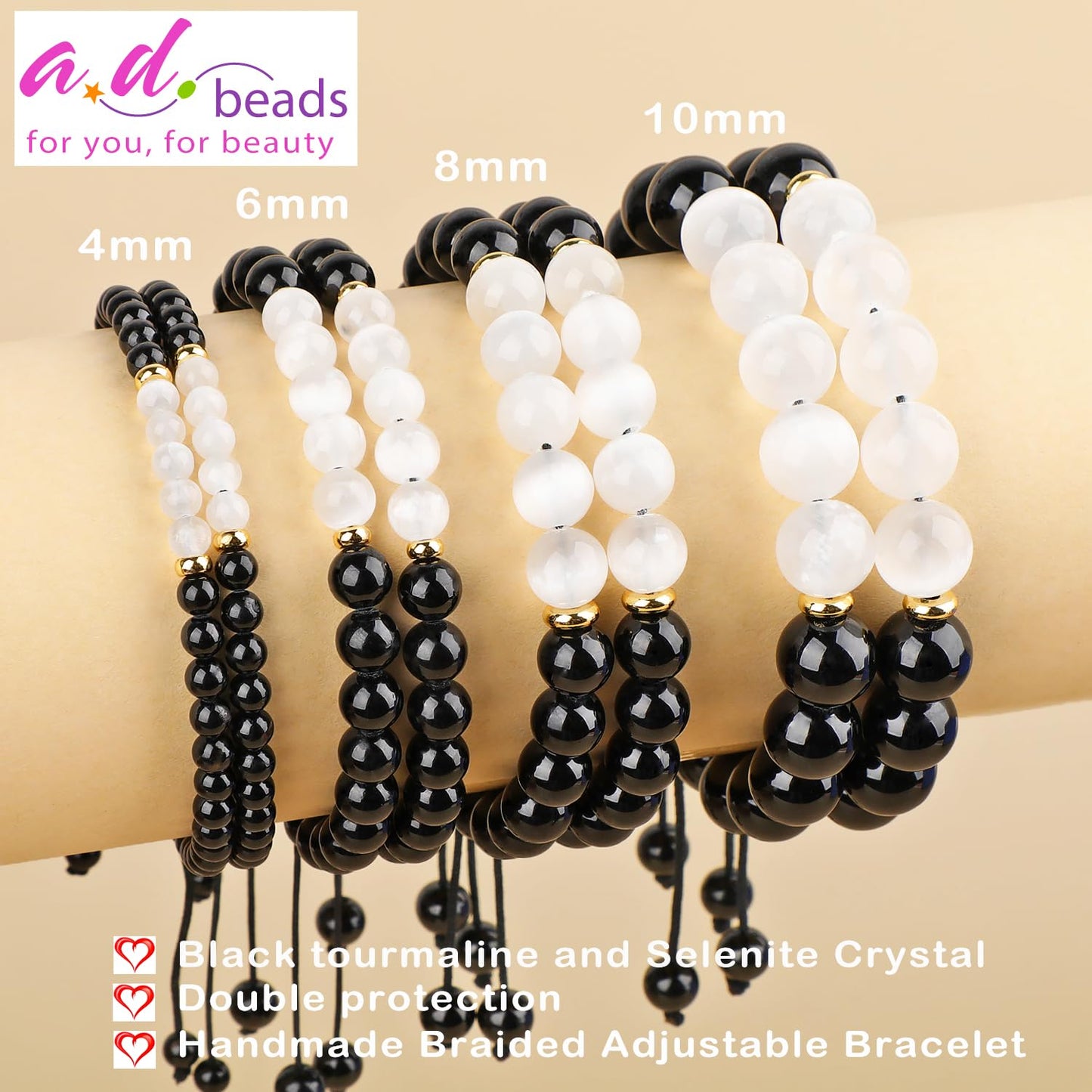 AD Beads 8mm Black tourmaline + Selenite Crystal - Double protection - Handmade Natural Stone Crystal Bracelet with Adjustable Macrame String - Yoga Healing Power Energy Gifts for Men and Women