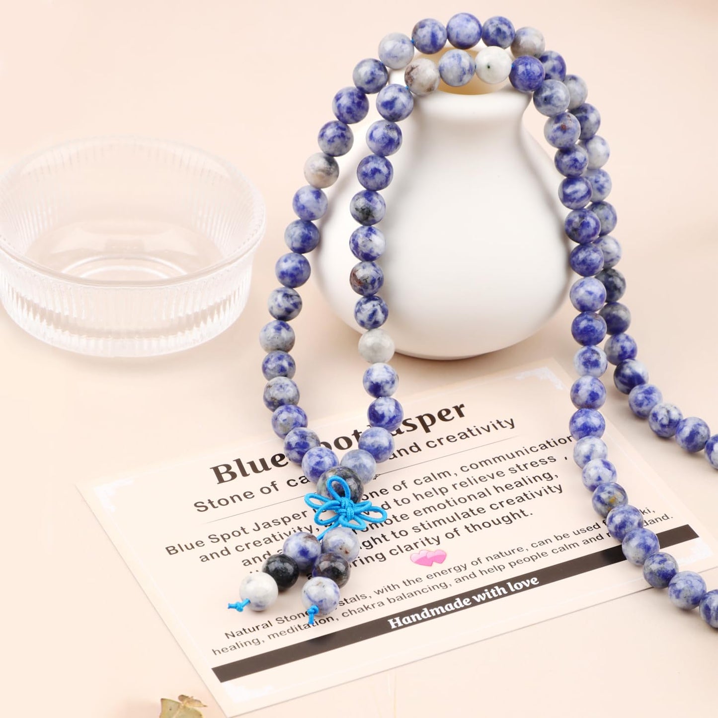 AD Beads 8mm 108 Prayer Mala Blue Spot Jasper Elastic Bracelet - Calmness and Creativity - Handmade Yoga Meditation Healing Power Energy Gifts for Unisex Adult.