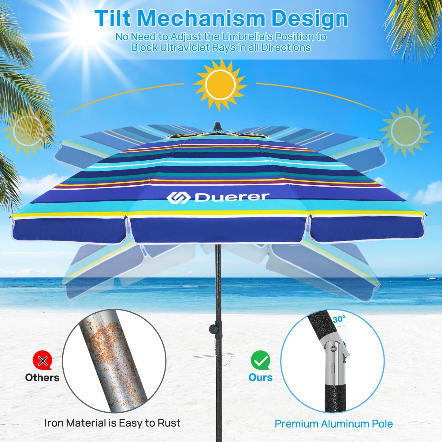Duerer Beach Umbrellas, 8.5FT Beach Umbrella for Sand with Anchor Heavy Duty Windproof, Height Adjustable Tilt Iron Pole, Portable Beach Umbrella with Carrying Bag for Beach, Patio Garden Outdoor
