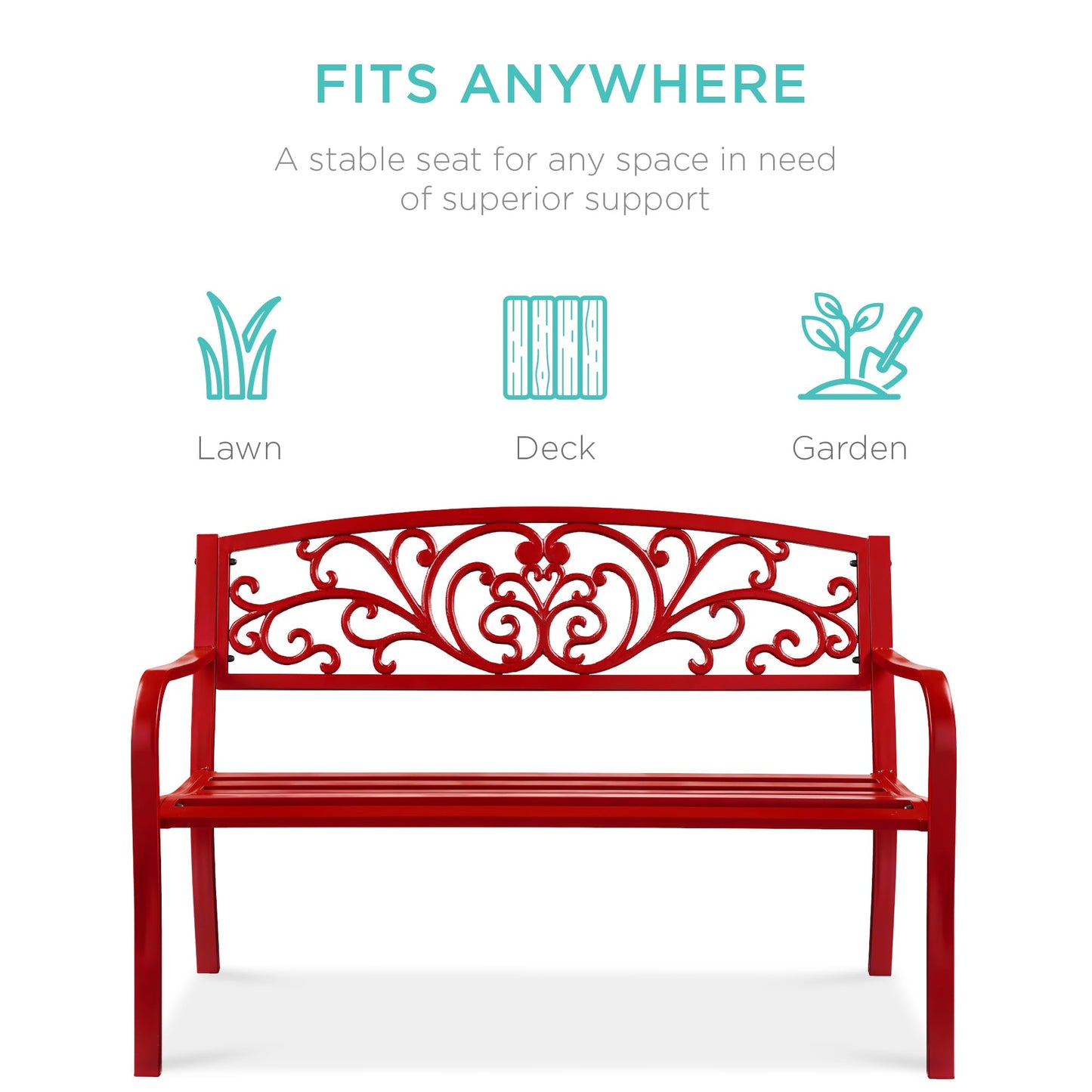 Best Choice Products Outdoor Bench Steel Garden Patio Porch Furniture for Lawn, Park, Deck w/Floral Design Backrest, Slatted Seat - Red