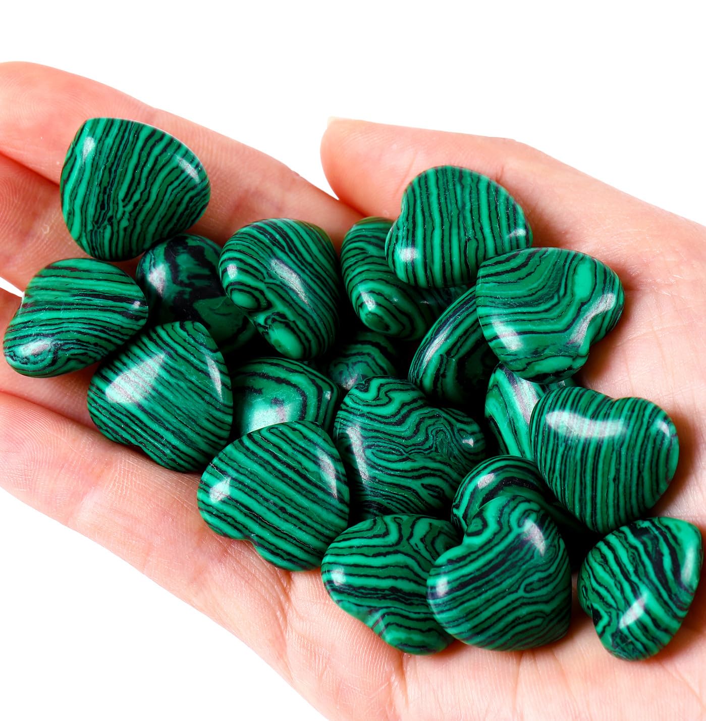 QINJIEJIE 10PCS Green Malachite Heart Crystals Stones Thick Love Shaped Gemstones Pocket Palm Crystal Bulk Polished Thumb Gem Set Wholesale Worry Stones Reiki Energy Spiritual Guardian Mini Gift