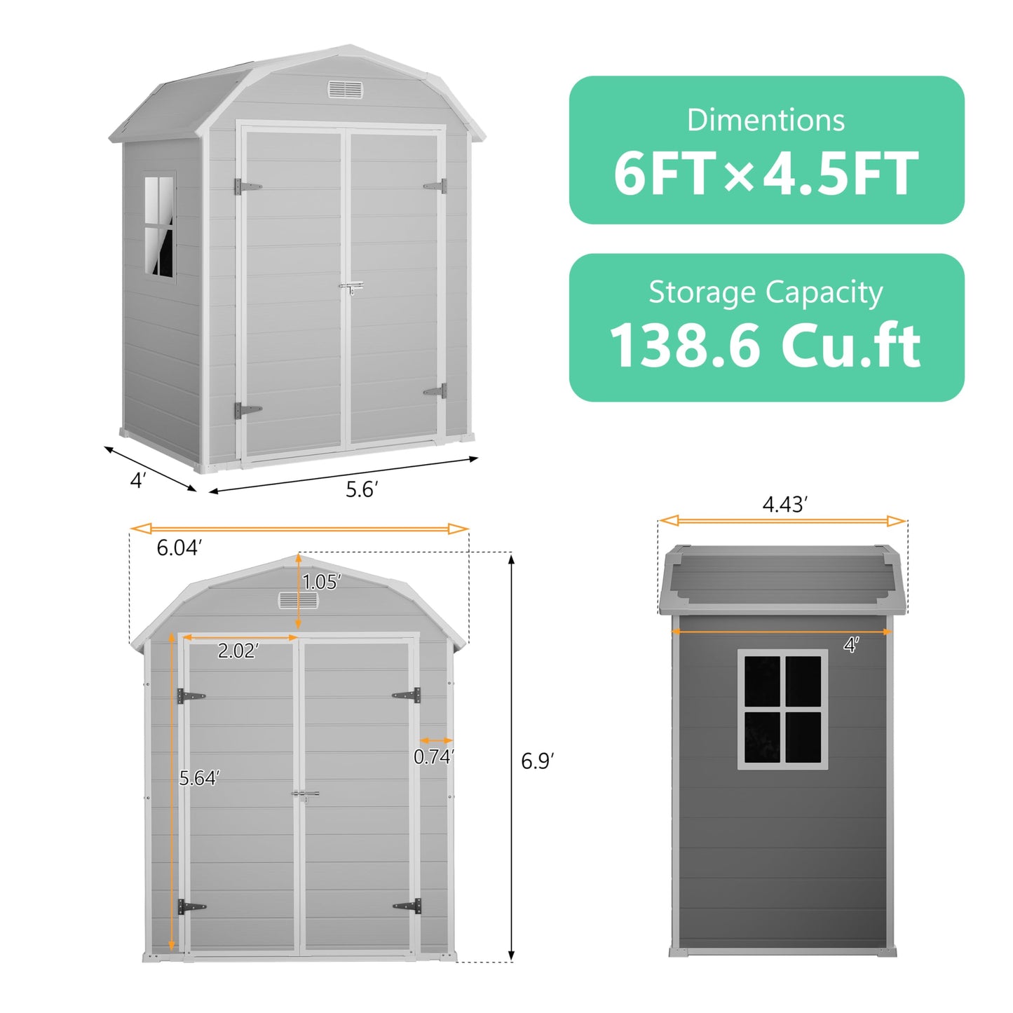 6x4.5 ft Resin Storage Shed with Floor, Outdoor Garden Shed for Backyard, Large Plastic Storage Shed with Double Doors, Weatherproof Tool Shed for Bike, Patio, Lawn