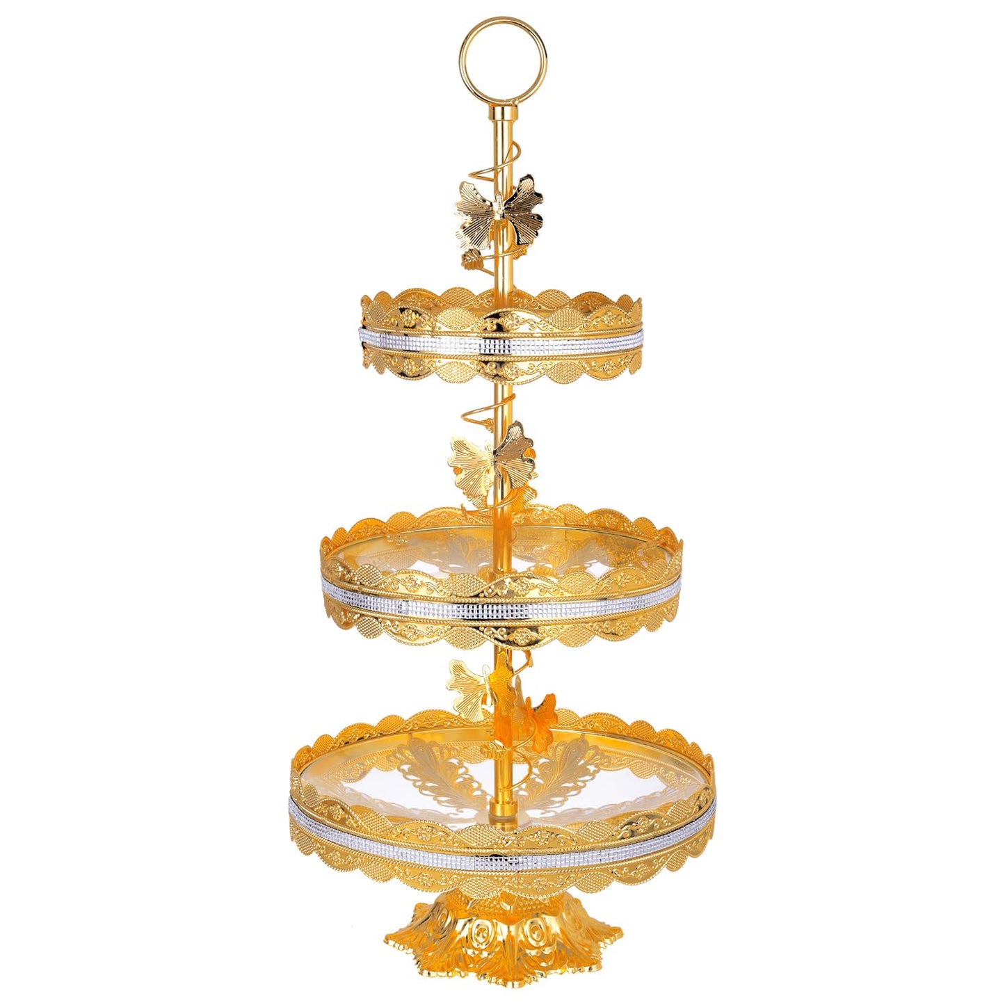 3 Tier 24 Inches Round Metal Cake Display Stand, Gold Fondant Cake Cupcake Dessert Fruit Stand Pedestal, Bakeware Wedding Birthday Baking Party Supplies Centerpiece