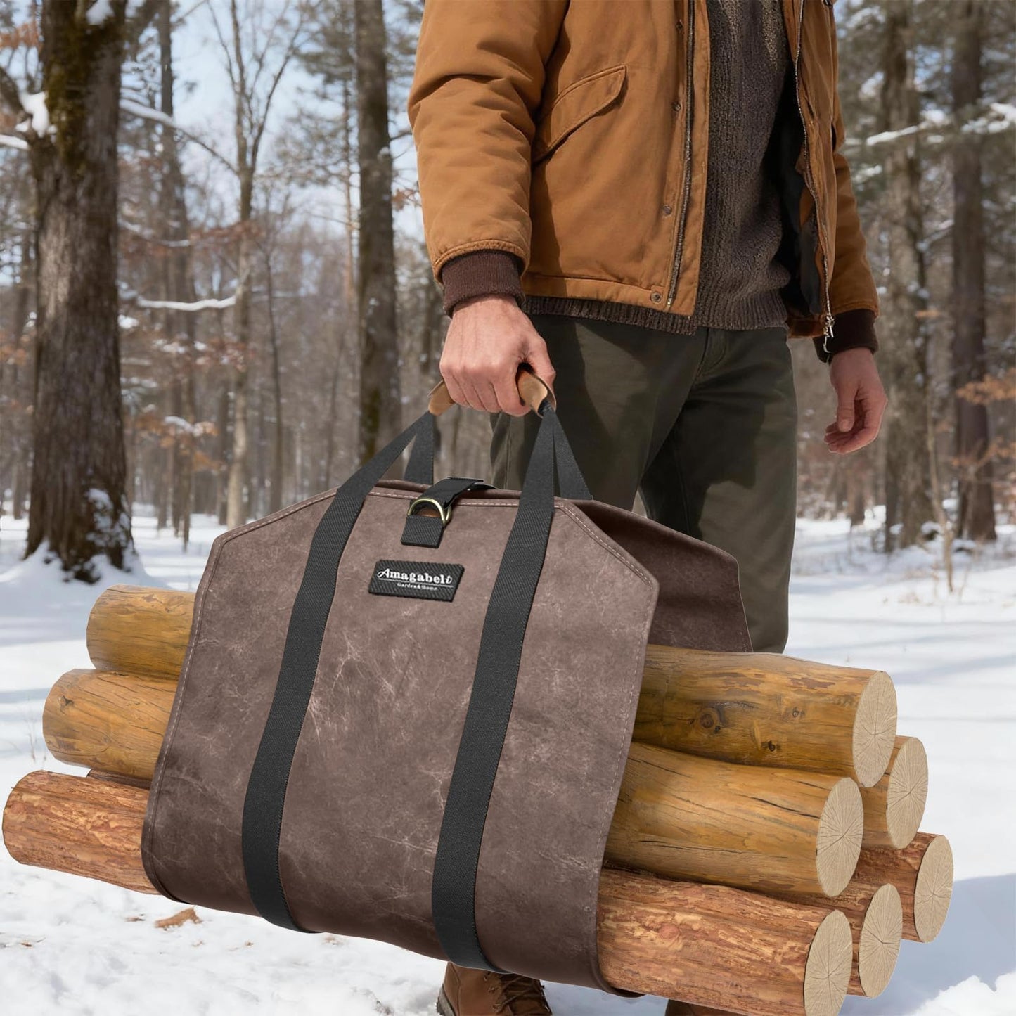 AMAGABELI GARDEN & HOME Firewood Carrier Waxed Canvas Firewood Bag Heavy Duty Large Fireplace Carrier Durable Log Tote Fire Wood Carring Bag with Handle Wood Sling Holder Stove Accessories Dark Brown