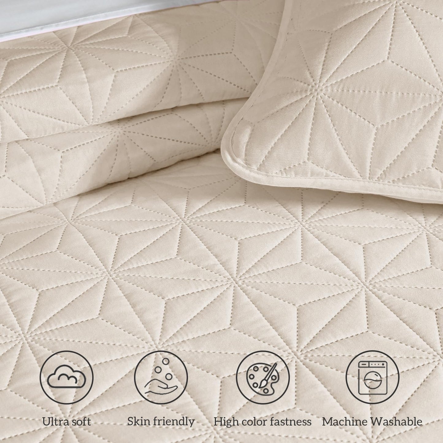 Whale Flotilla Queen Quilt Bedding Set, Soft Brich Beige Bedspreads Quilts Queen Full Size for All Seasons, 3 Pieces Lightweight Geometric Star Pattern Coverlet