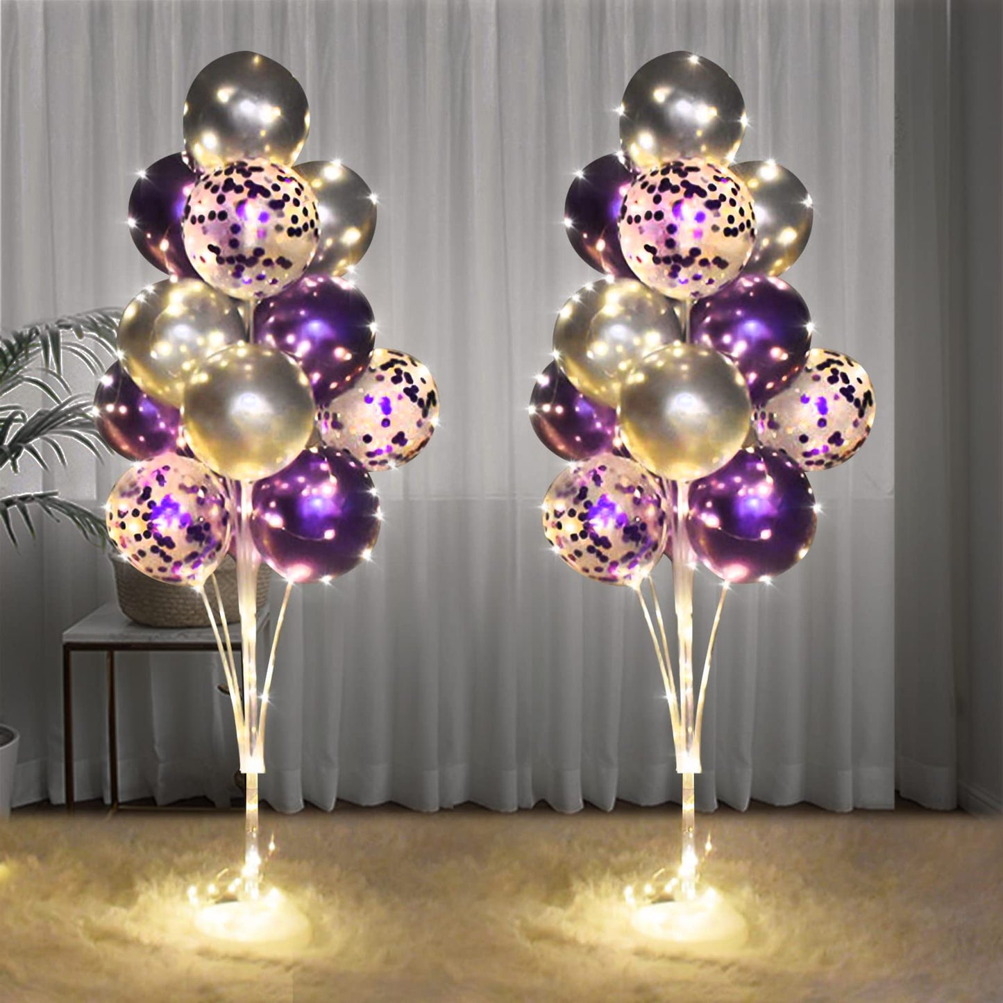 Cicicooie 2 Set Floor Balloon Stand Kit with String Light Balloon Holder Centerpieces Floor Decoration for Birthday Party Bachelorette Party (Purple&Silver)