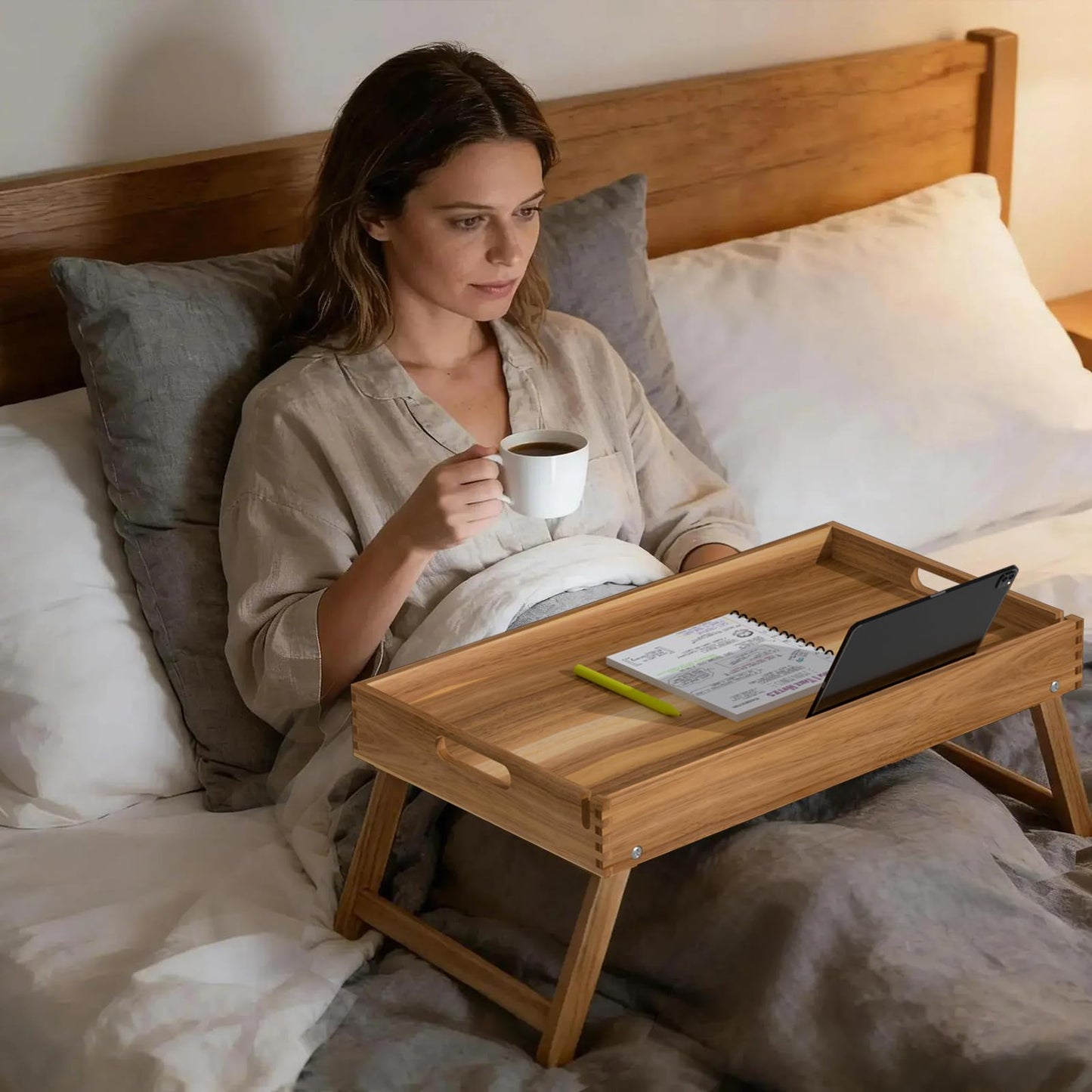 22"x14" Acacia Wood Folding Bed Tray Table, Extra Large Breakfast in Bed Tray with Raised 7.9" Leg Space, Foldable Legs, Tablet & Phone Slots, Cable Grooves, Food Tray for Bed