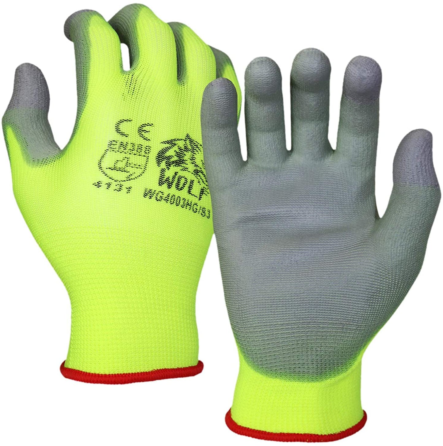 WOLF High-Viz Green Ultra-Thin PU Palm Coated Work Glove, Indoor/Outdoor, Construction, Maintenance, Gardening, Mechanic, Warehouse, Multi-Purpose, Flexible Grip, Small (Pack of 12)