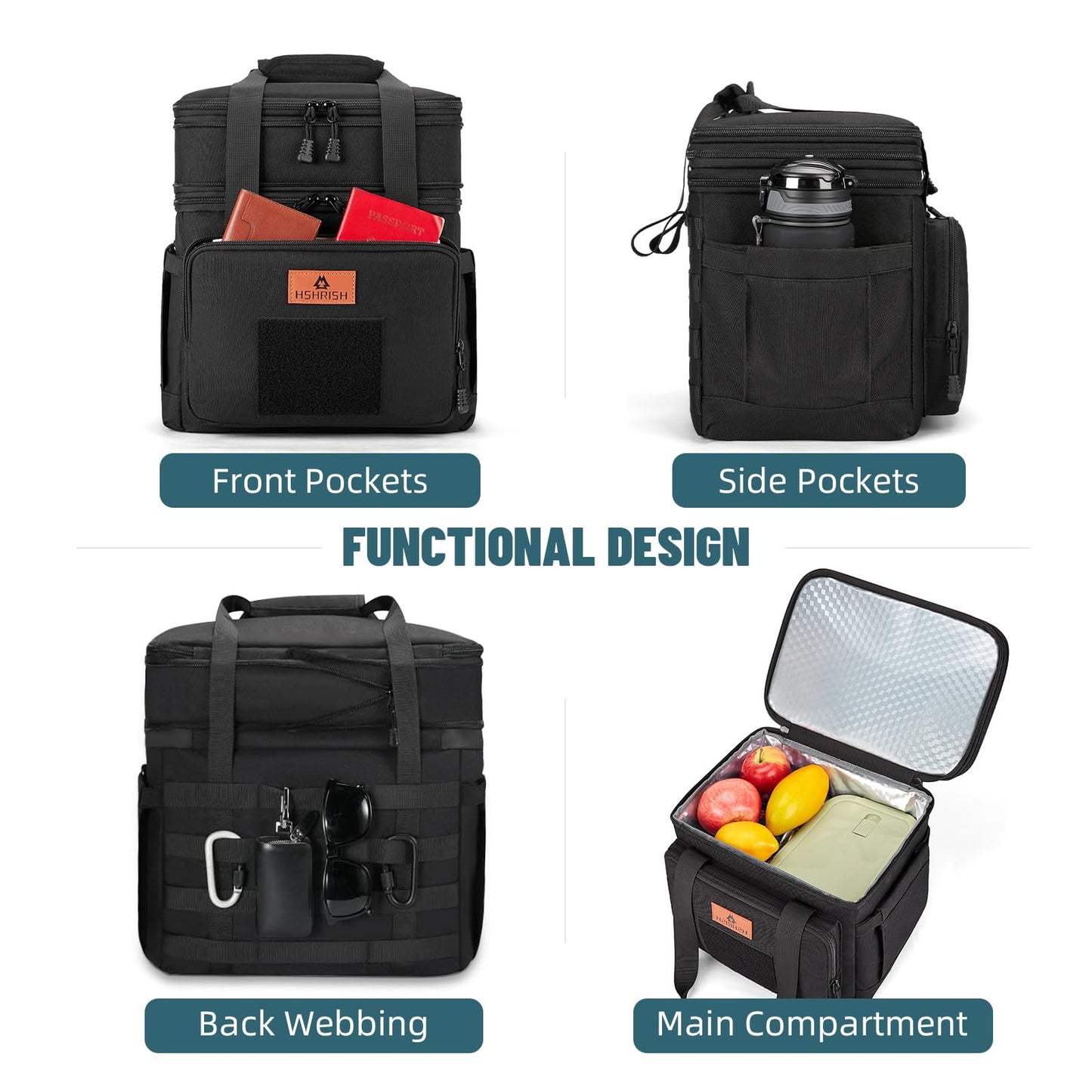 HSHRISH Lunch Box for men, Large Expandable Insulated Lunch Bag, Durable Waterproof Leakproof Tactical Cooler Bag for Adults Men to Work Picnic Beach Day Trips, 24 Cans/16 L, Black