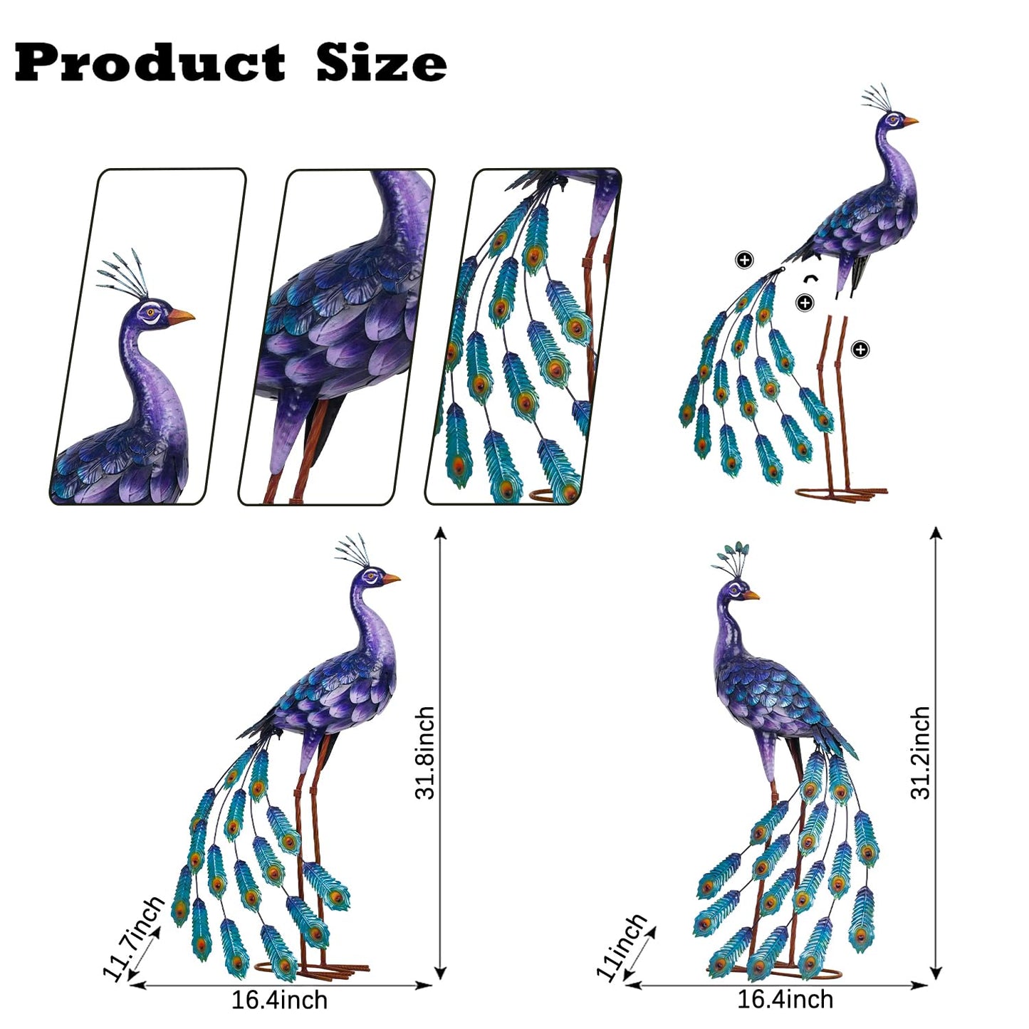 Kircust Purples Peacock Garden Statue and Sculpture, Metal Peacocks Yard Art Lawn Decor, Large Birds Garden Sculptures & Statues for Patio Backyard Pond Home Decoration