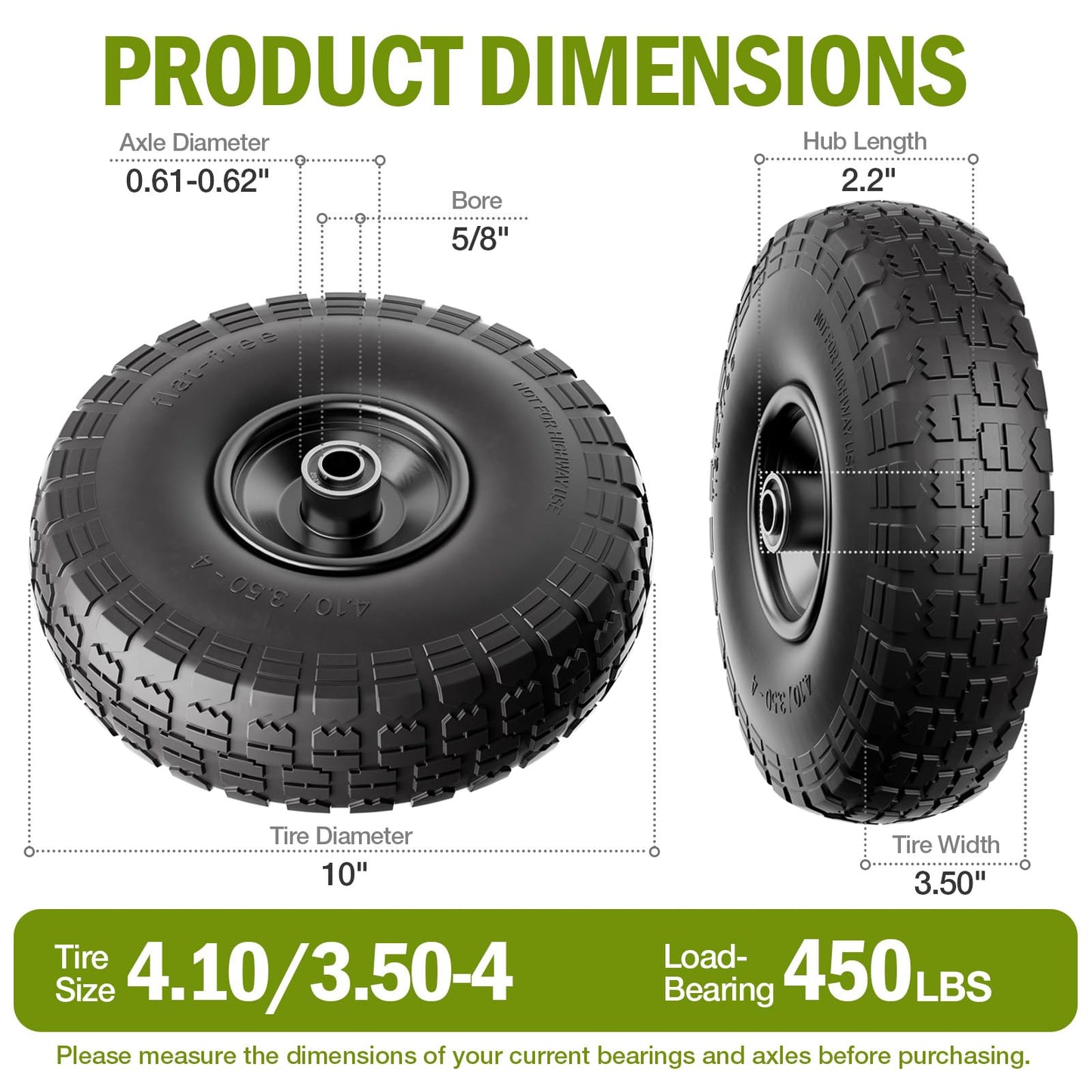 2 Pack 4.10/3.50-4 Tire and Wheel Flat Free, 10 inch Wheels 5/8" Bearings, 2.2" Offset Hub, Solid Tires for Garden Cart, Wheelbarrow, Hand Truck, Lawn Cart, Dolly, Wagon Wheels Replacement