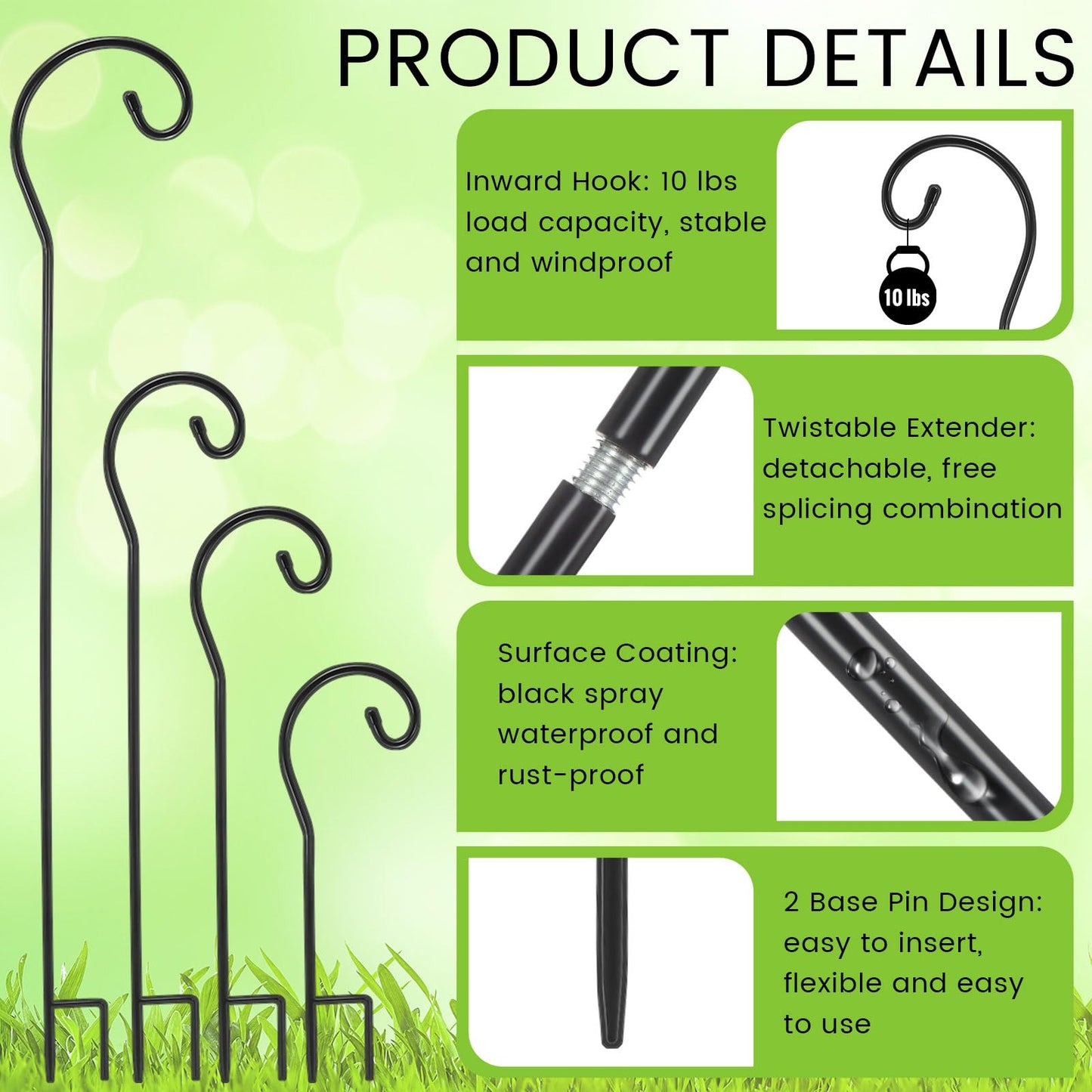 Hicarer 24 Pcs 18/25/31/46'' Adjustable Shepherds Hook Combination Outdoor Detachable Garden Metal Hook Stand for Hanging Bird Feeder Plant Mason Jars String Light Wind Chimes Wedding Decor