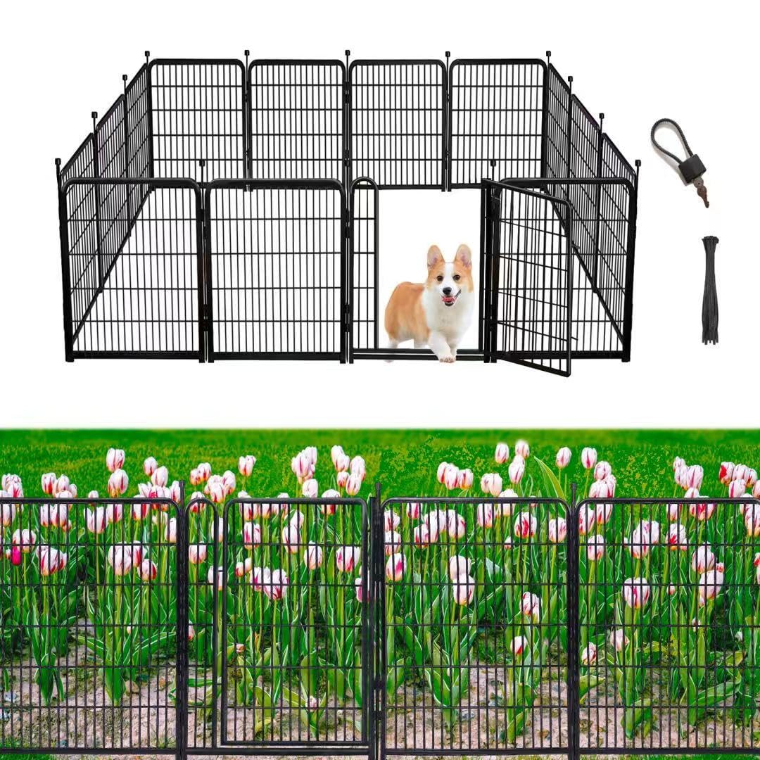 Getlay Tall Garden Fences and Borders for Dogs, 4.6ft High Dog Fence, 10 Panels Total 22.1Ft Long, Gate 21 inches Wide with Low Sills, Animal Barrier Fence, Metal Fence Panels, Flower Bed Fencing