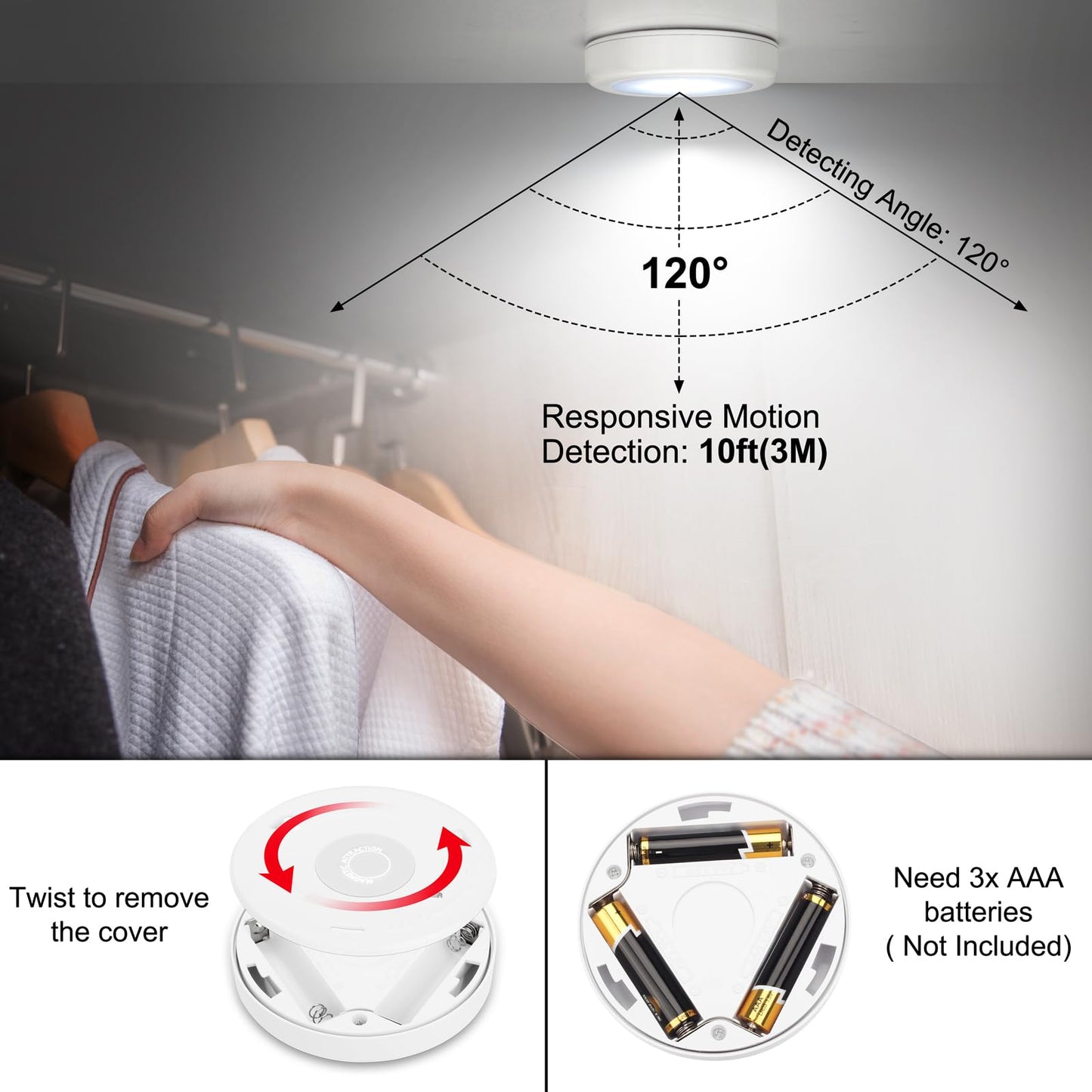 Mlambert 4 Pack Motion Sensor LED Night Light, Cordless Battery-Powered Stick-on Magnet Closet Lights, Safe Lights for Stairs, Cabinet, Cool White
