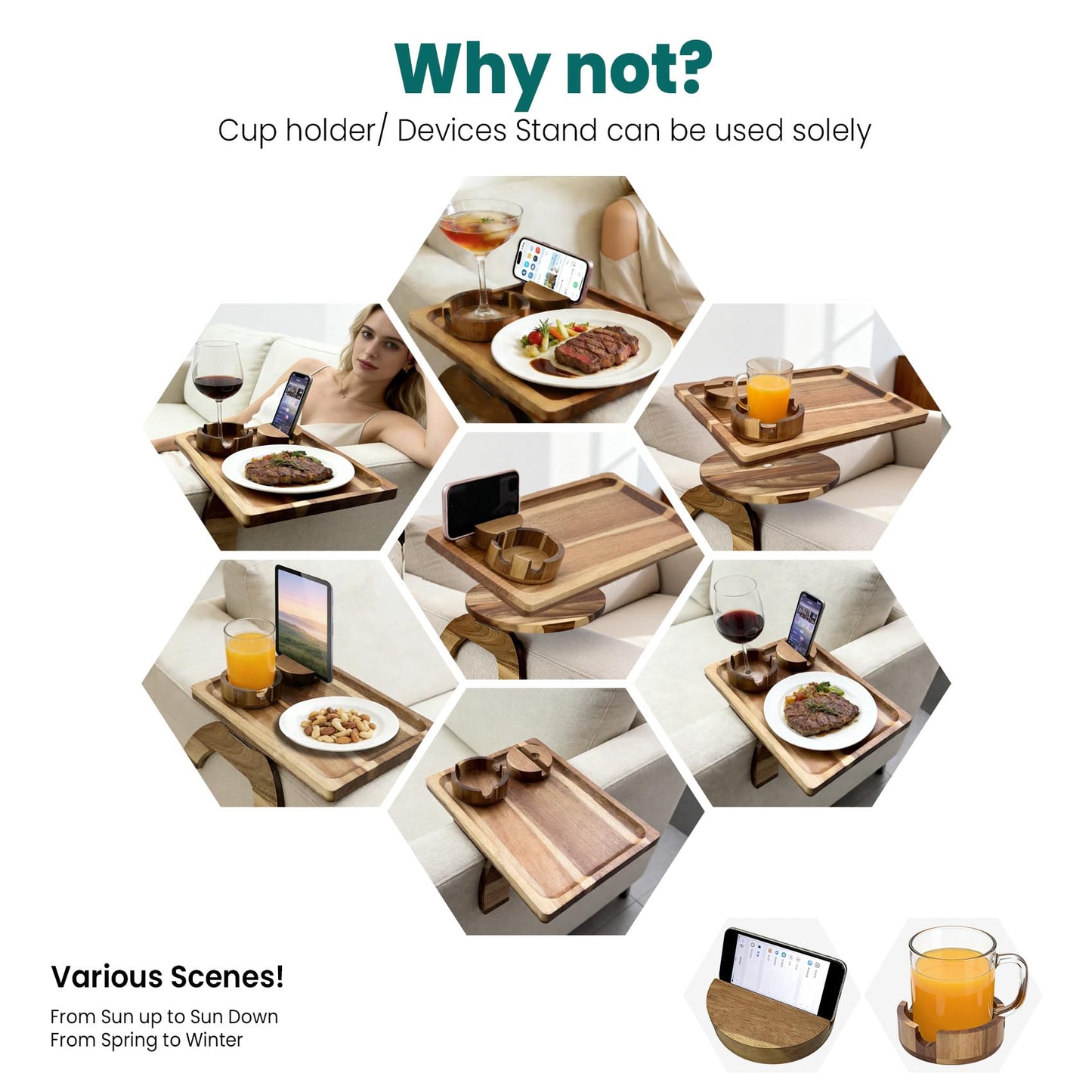 360° Detachable Rotating Acacia Wood Sofa Arm Tray Table, Serving Tray Clip On Couch Armrest Table with Cup Holder & Phone Stand, TV Dinner Tray for Eating on Sofa, TV Trays Fits for Small Spaces