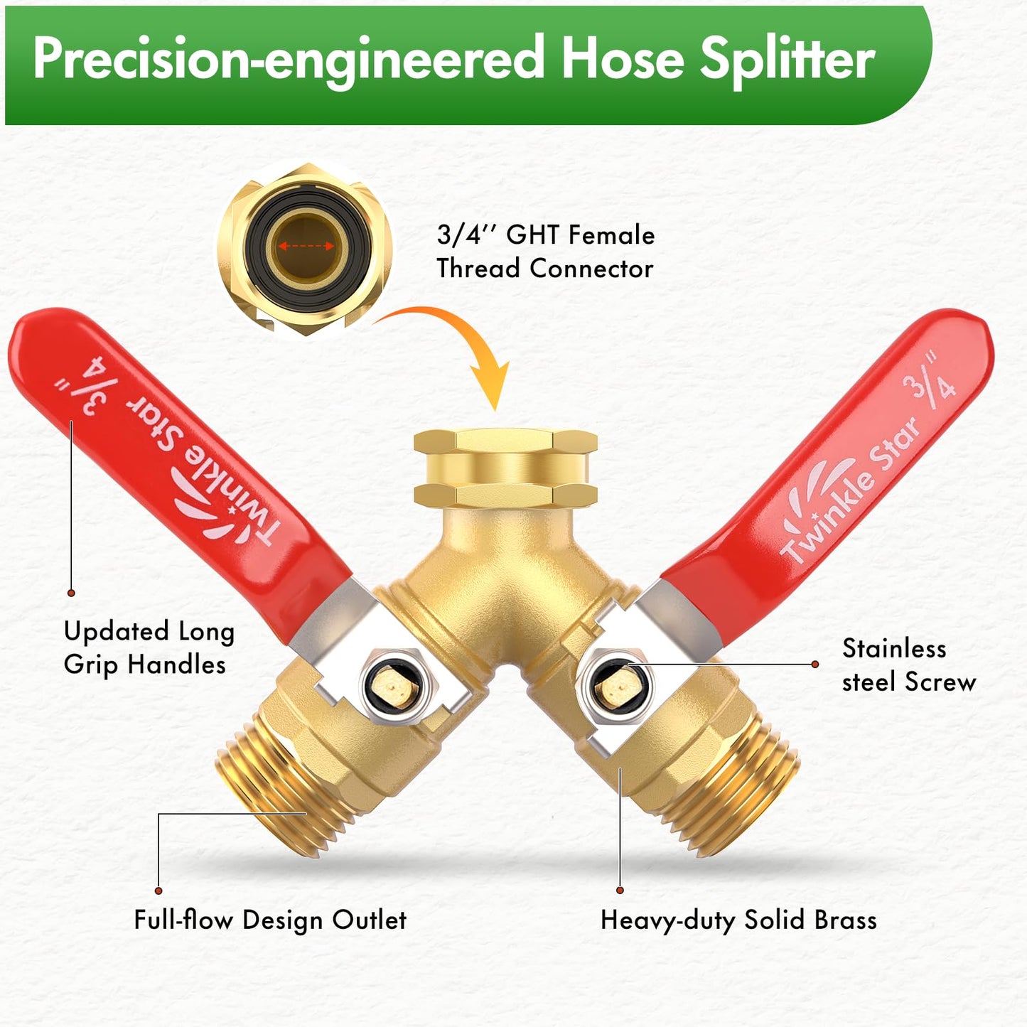 Hose Splitter 2 Way, Twinke Star Upgraded Heavy Duty Brass Garden Hose Splitter with Long Handle,3/4 Inch GHT Thread Y Connector Brass Garden Hose Adapter