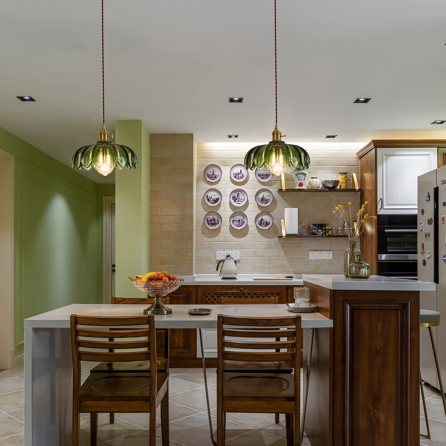 XZHGCEE Plug in Pendant Light Fixtures: Hanging Light Plug in Green Glass Hanging Lamp, Pendant Lighting for Kitchen Island, Bedroom, Dining Room, Living Room, E26 No Bulb