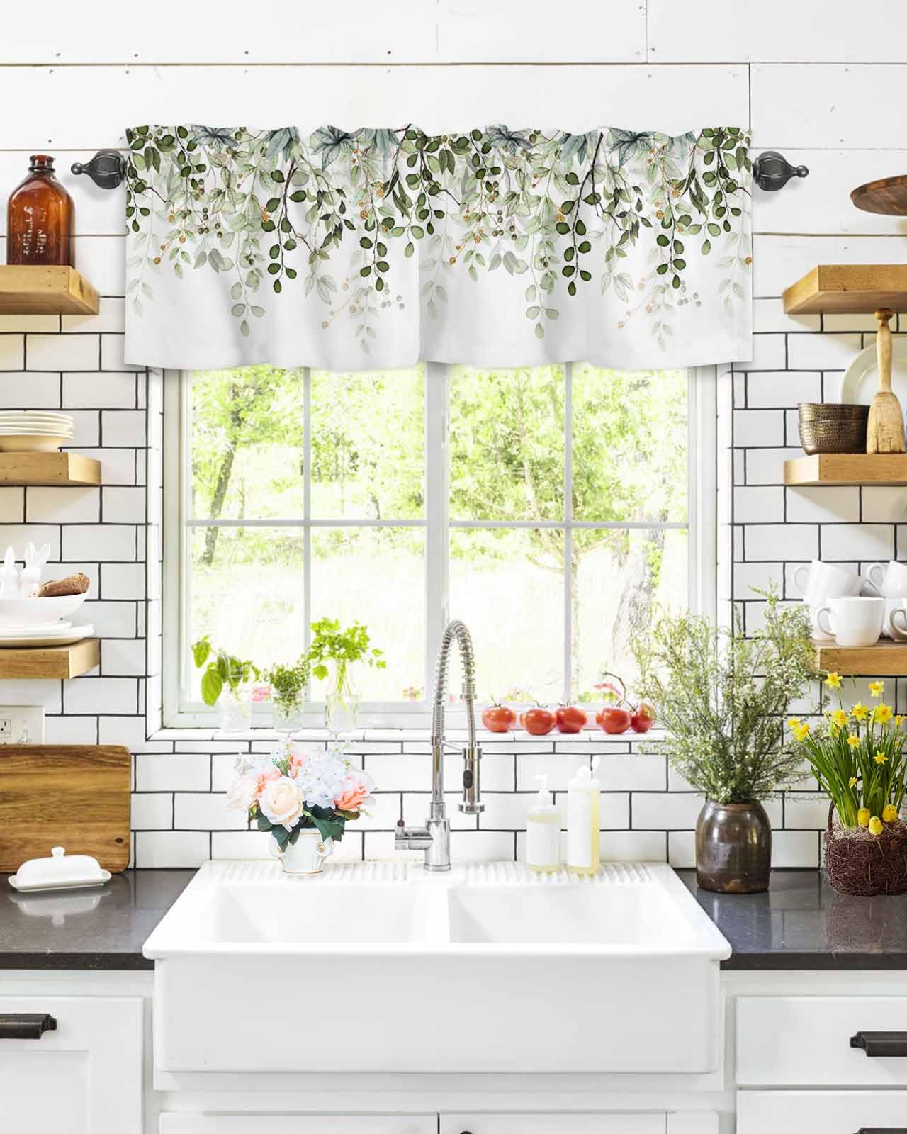 AYTTBIS Sage Green Eucalyptus Leaves Curtain Valance for Windows Watercolor Window Treatments 1 Panel Short Curtains for Kitchen Windows Bathroom Bedroom,42 x 12 Inch