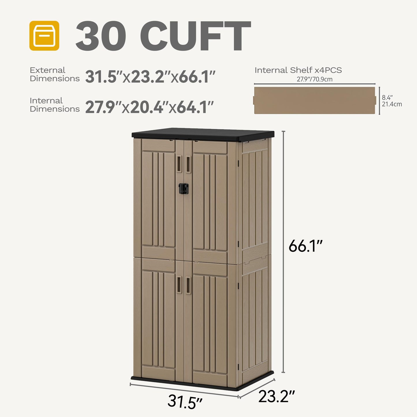 DWVO Outdoor Vertical Storage Shed with 4 Shelves, Waterproof Tall Plastic Storage Shed with 4 Adjustable Shelf, 30 cu. ft. Patio Tools Storage for Patio, Garden, Backyard, Deck, Brown