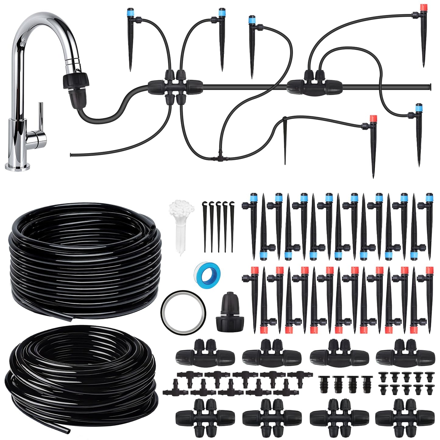 Drip Irrigation System, Automatic Garden Watering Kit, Quick-Connect Watering Misting Drip Irrigation System for Greenhouses,Yards,Lawns,Raised Beds,with 98ft 1/4''& 49ft 1/2" Tubing and Accessories