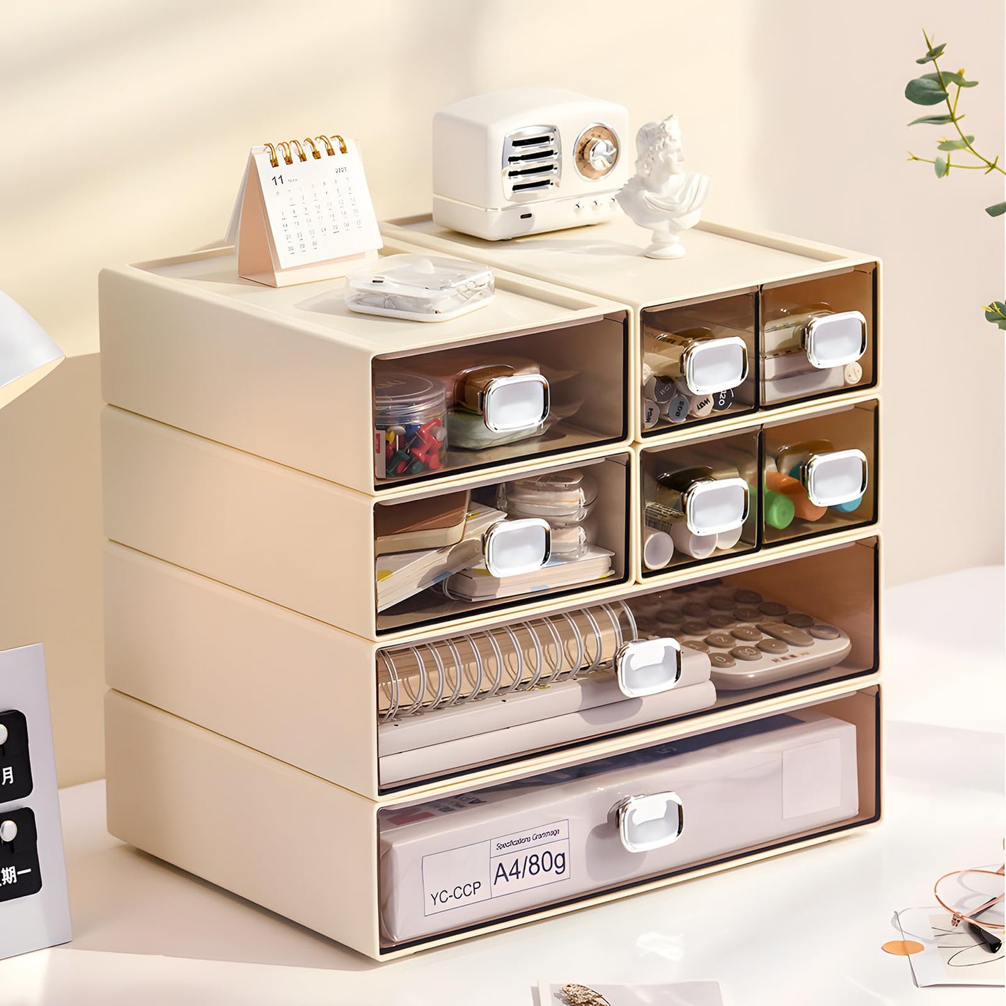 OSteed Spacious Desktop Storage Box, 1 Large 1 Middle & 2 Small Storage Drawers, Stackable Office Desk Drawer Organizer and Accessories, Printer Paper Organizer, Cream Plastic Drawers for Workspace