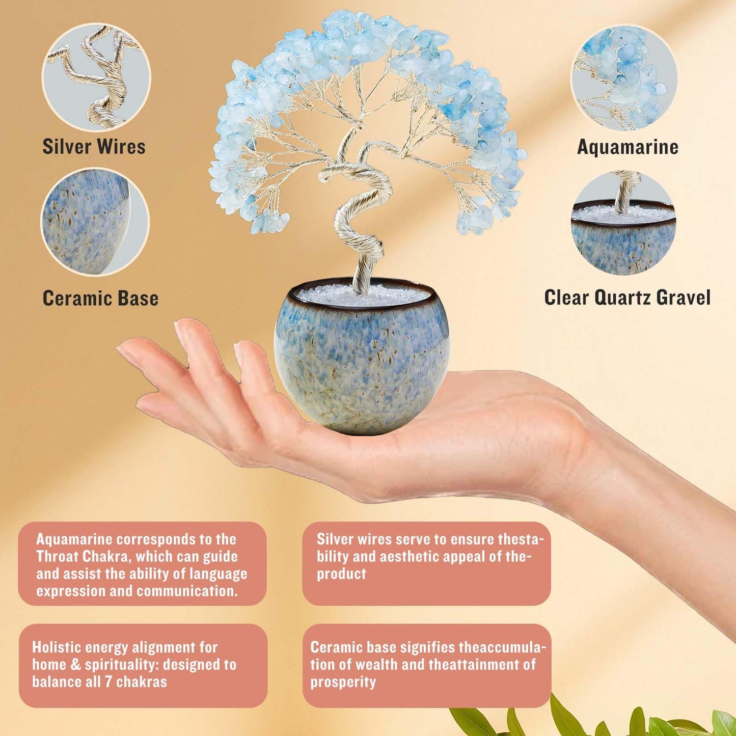 Runyangshi Aquamarine Crystal Tree of Life - 7in Chakra Crystal Money Tree with 297 Natural Healing Crystal Gemstone for Feng Shui, Luck, Balancing Energy Home Decor & Spiritual Gift
