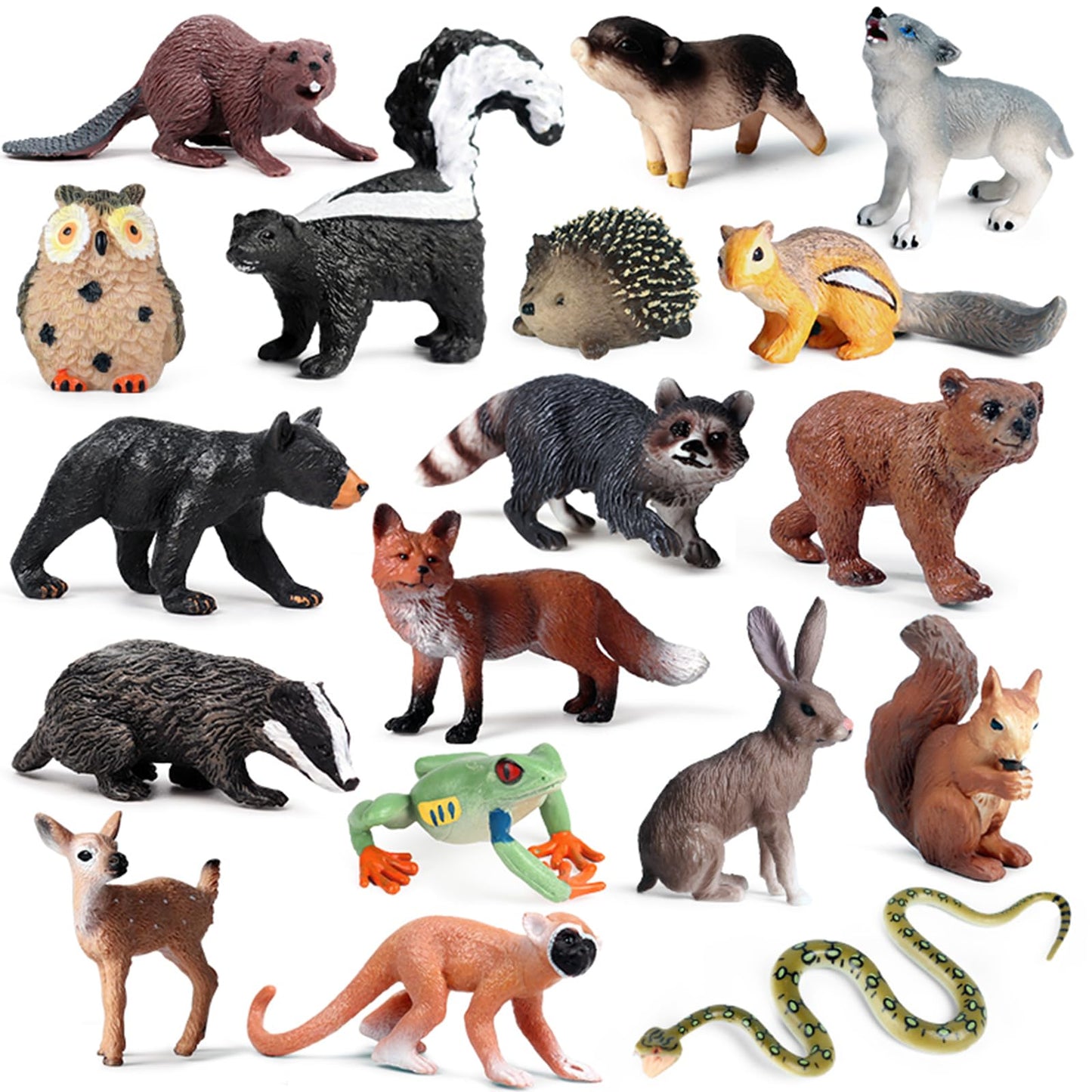 SCAHOW 18Pcs Forest Animals Figures - Plastic Woodland Creature Toy Figurines for Kids Boys Girls 3-5 6-12, Small Jungle Animal Baby Figurines for Cake/Cupcake Topper Birthday Gift