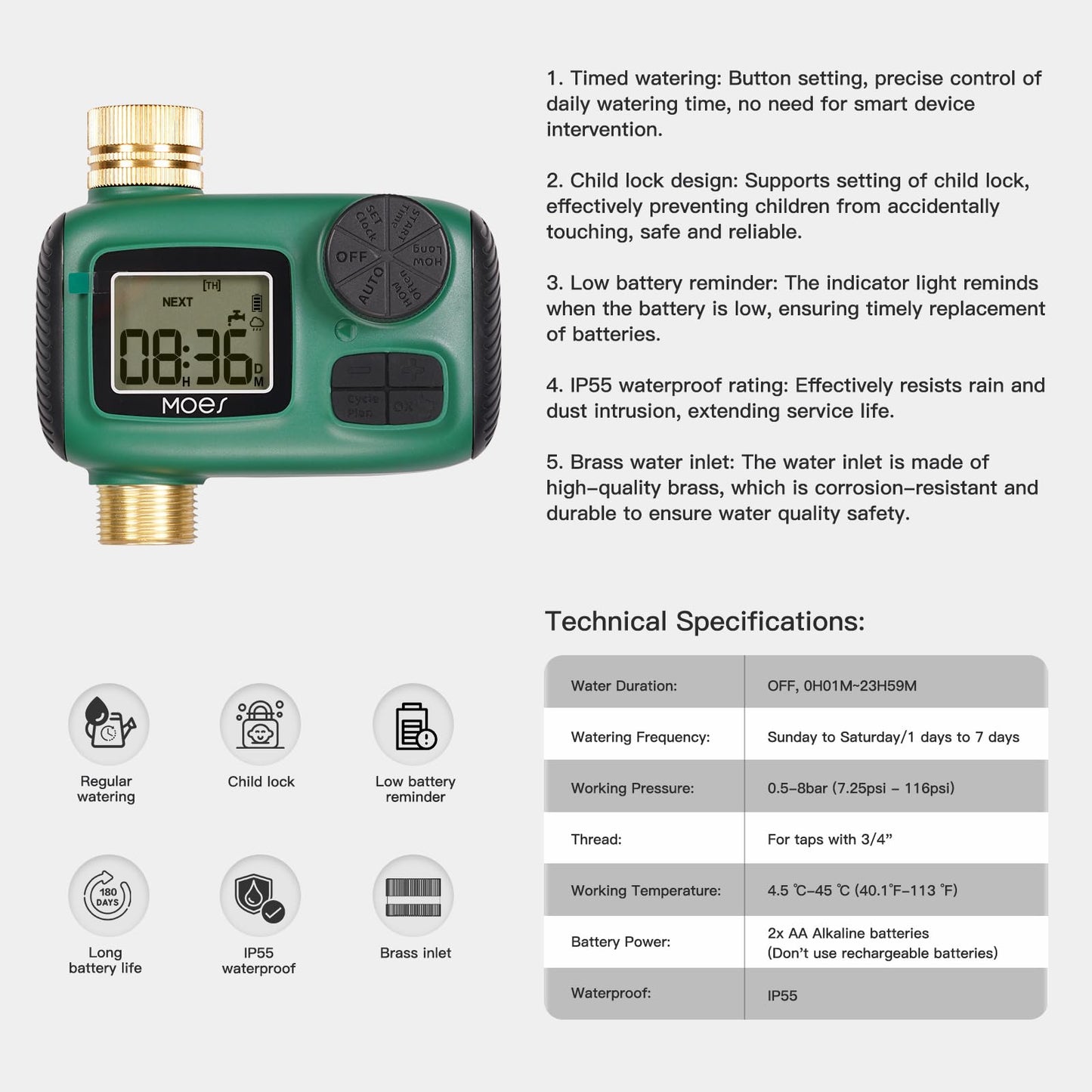 MOES Sprinkler Timer, Brass Inlet & Outlet, Programmable Automatic Irrigation Controller, Rain Delay, Manual Watering, 1 Zone Water Hose Timers for Gardens, Lawns, and Hose Systems
