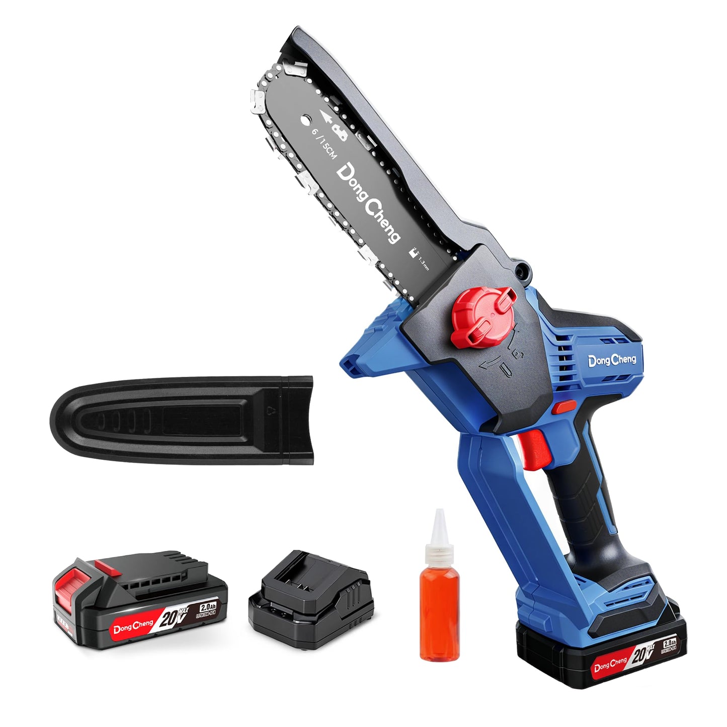 DongCheng 20V Brushless Mini Chainsaw, 6-Inch Cordless Electric Chainsaw with 2.0Ah Battery & Charger, 24000RPM, Auto Oiler, Tool-Free Chain Tension, 2.65 lbs for Wood Cutting, Tree Trimming, DIY