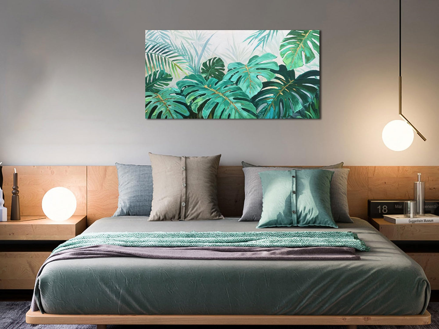 Enartly Tropical Green Leaf Canvas Wall Art Monstera Palm Leaf Painting Jungle Plant Botanical Picture Nature Artwork Print Framed for Living Room Bedroom Bathroom Office Home Decor, Large 40"x20"
