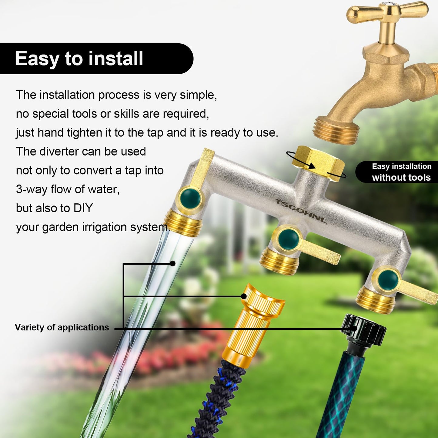Garden Hose Splitter, 3-Way Faucet Diverter with 3 Extended Metal Handles, Outdoor Hose Splitter, Heavy Duty Brass Nickel Plated, GHT 3/4-Inch Heavy Duty Hex Female Inlet and 3/4-Inch Male Outlet