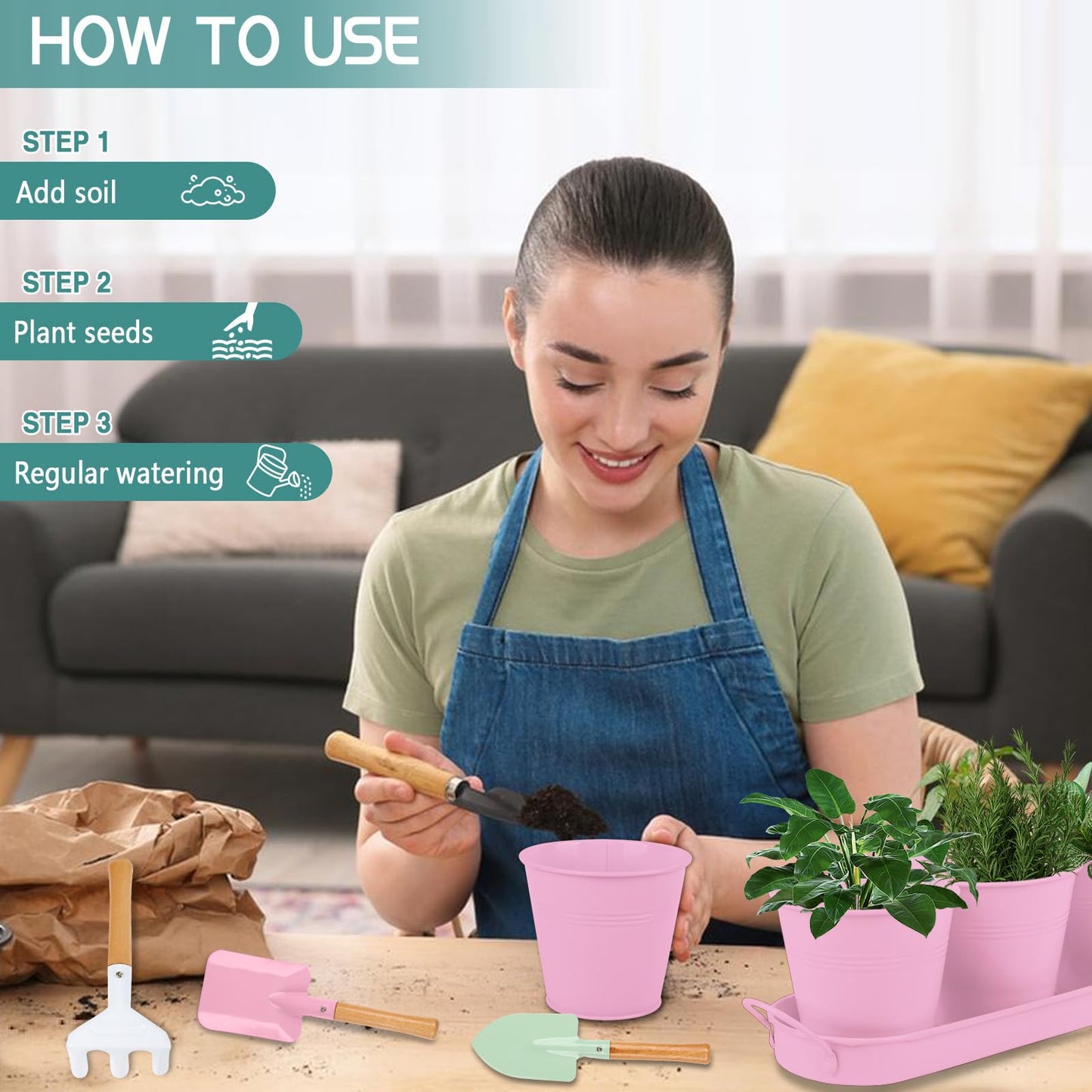 Linzenter Indoor Herb Garden Set of 3 with Tray and 3 Types of Gardening Tools, Metal Plant Pots Herb Garden Planter Kit with Drainage for Plants (Pink)