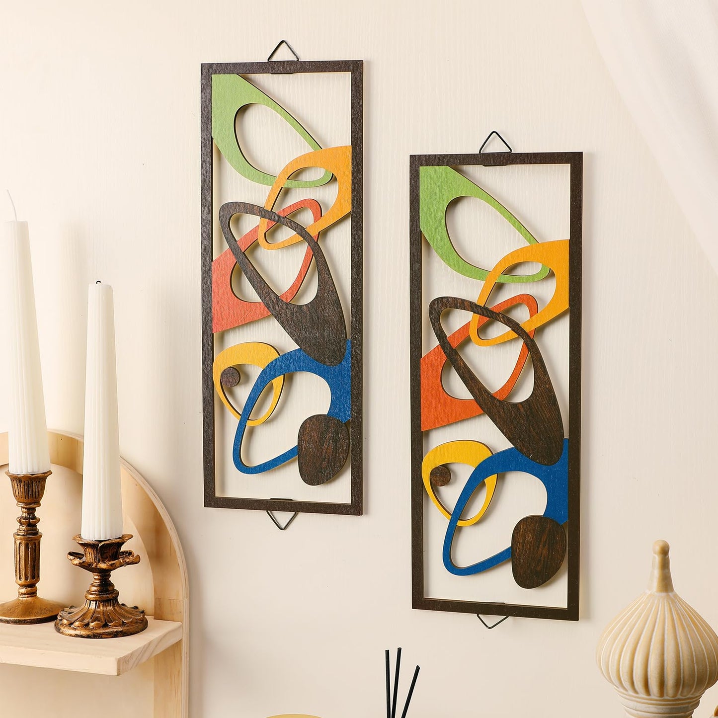 CroBlissful 2 Pcs Mid Century Wall Art Mid Century Modern Decor Elegance Wall Accents Wood Abstract Decor Geometric Panels for Interior Panel Wood Art for Home Living Room