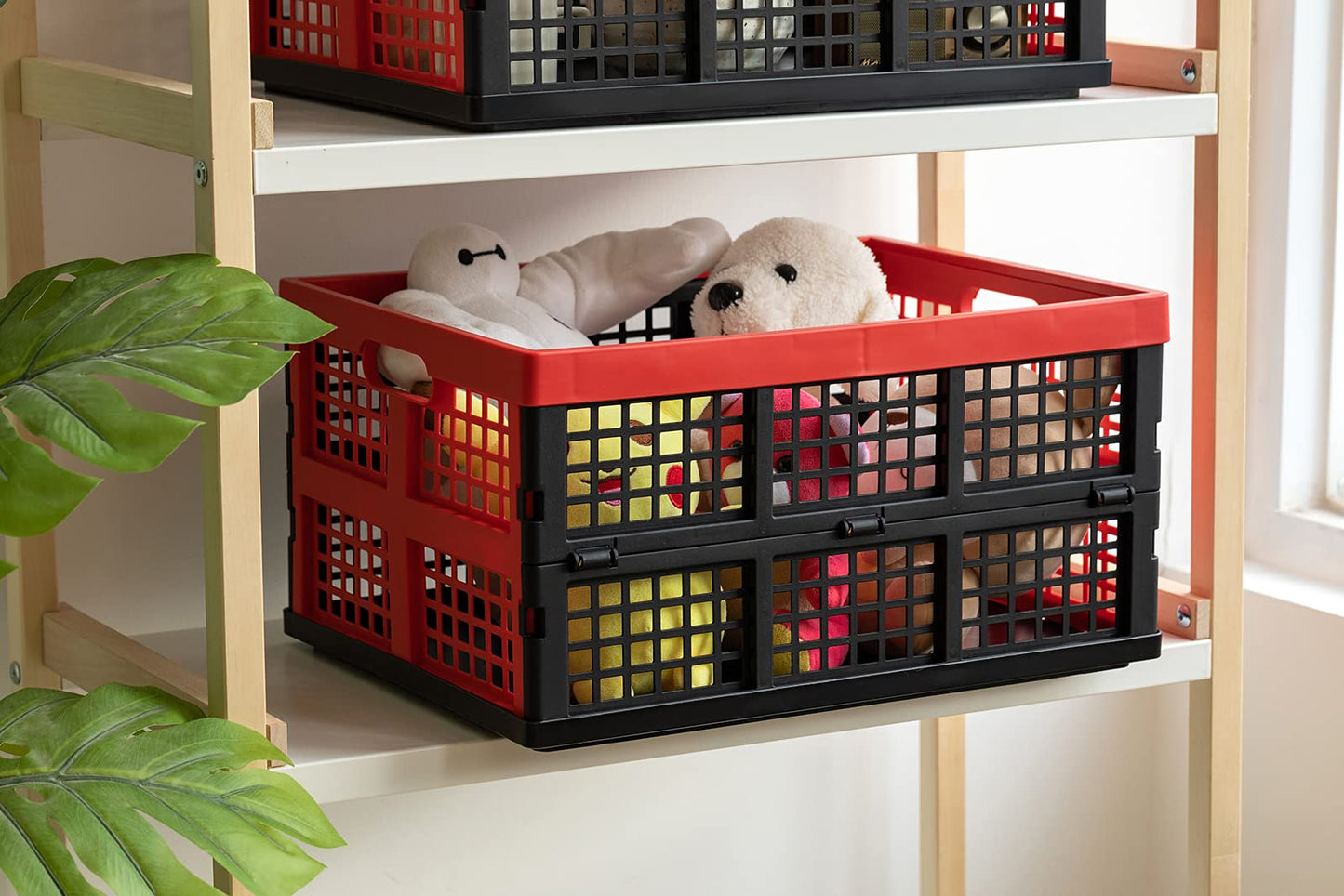 Eslite 34L Large Plastic Folding Storage Crates,Collapsible Crates for Storage,Pack of 3 (Black+Red)