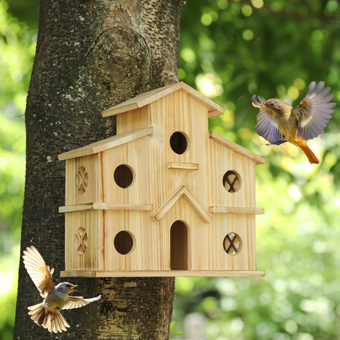 Bird Houses for Outside, Wooden 6 Hole Birdhouse Room for 6 Birds Families, Bluebird Finch Outdoor Hanging Bird House for Garden Backyard Patio