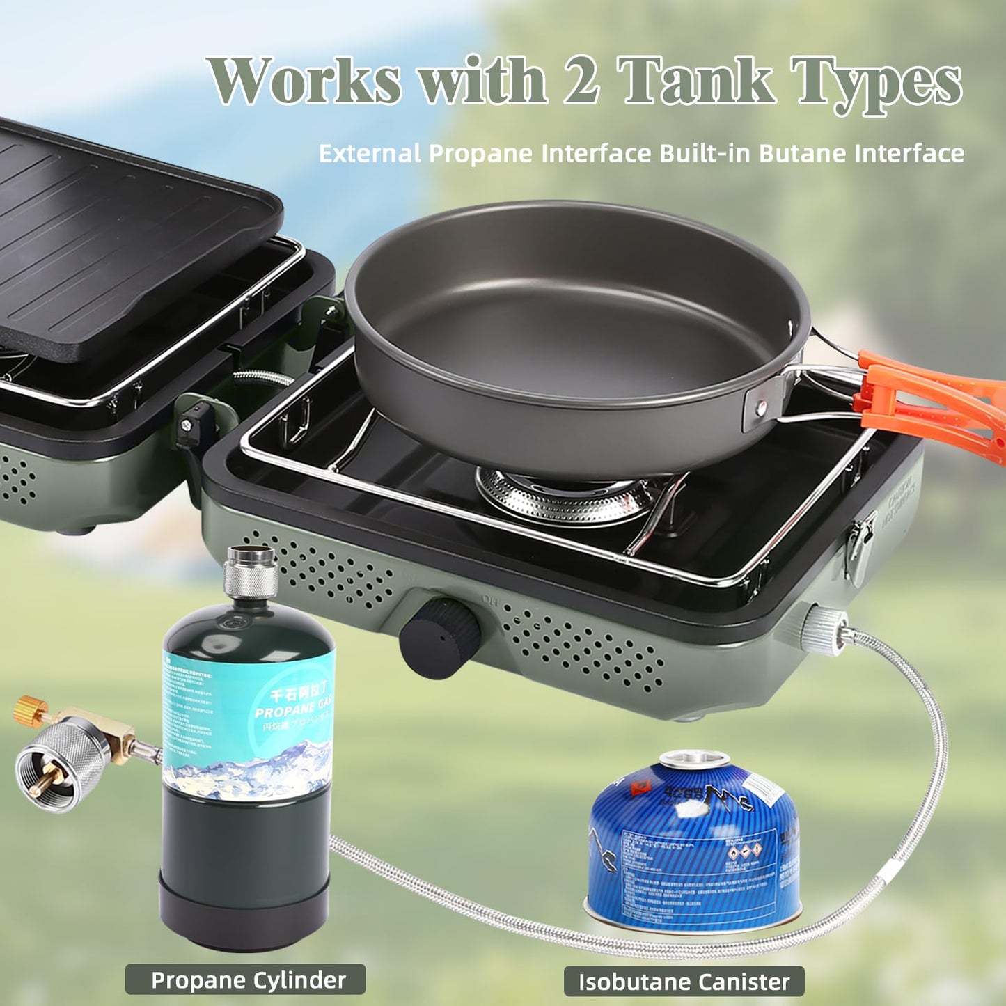 Hisencn 2 Burner Propane Camping Stove, 30000 BTU Foldable Portable Gas Stove with Cookware Set & Carry Bag, Outdoor Cooking for Camping, RV, Emergency Use, Green