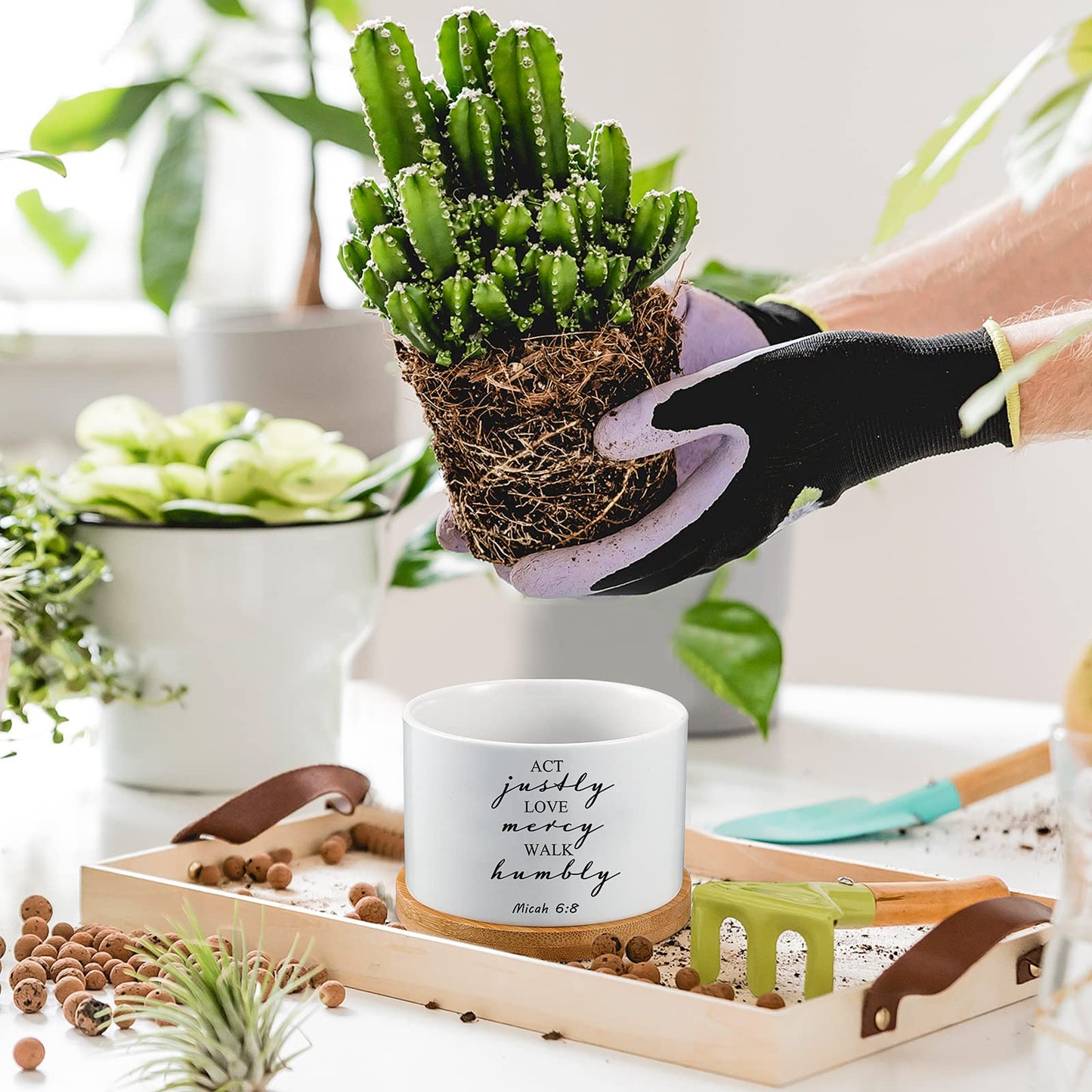 Sieral 6 Pcs Bible Verse Succulent Pots White Ceramic Flower Planter with Bamboo Tray Small Pots Christian Gift Succulent Planters for Patio Garden 3 x 3 x 2 Inch, Plants Not Included(Bible Style)