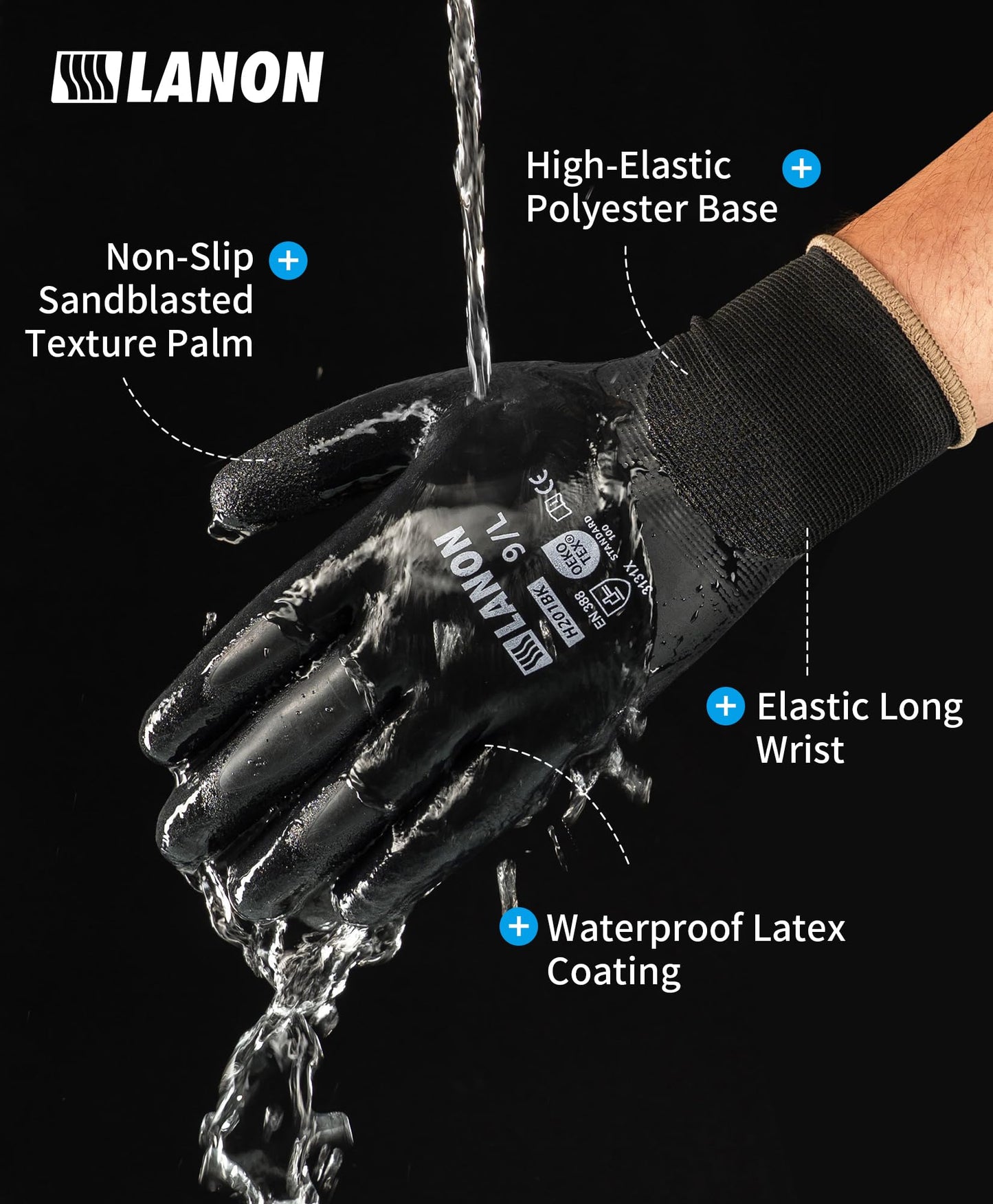 LANON 2 Pairs Waterproof Work Gloves for Men and Women,Double Rubber Coated for Gardening, Outdoor Construction,Car & Fish Cleaning, Non-Slip Grip, Elastic Cuff, Blue&Black,Medium