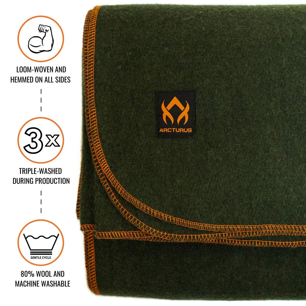 Arcturus Military Wool Blanket - Warm, Thick, Washable - Great for Outdoors, Camping, Stadium Blanket, Picnics, Travel - Car & Bushcraft Survival Kits (Olive Green)