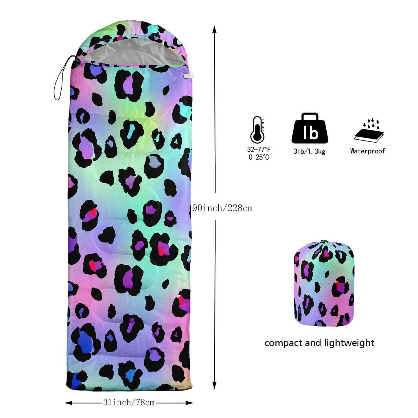 Axolotl Leopard Print Sleeping Bag for Kids Girls–Lightweight Warm Cold Weather Sleeping Bags,Waterproof Portable Sleeping Bag for Camping,Backpacking Camping Sleeping Bag,Kids Sleeping Bags,Rainbow
