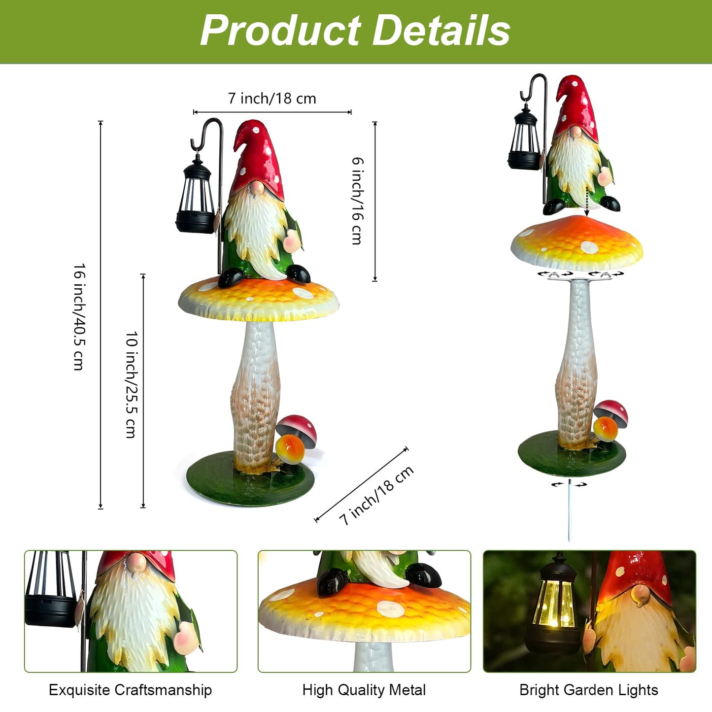 HONGLAND Solar Garden Gnomes Outdoor Statue, Waterproof Outdoor Mushroom Decor with Solar Lantern LED Lights for Yard, Patio, Lawn Ornaments, Ideal Gifts for Mom Grandm, Housewarming Gifts-16.5"