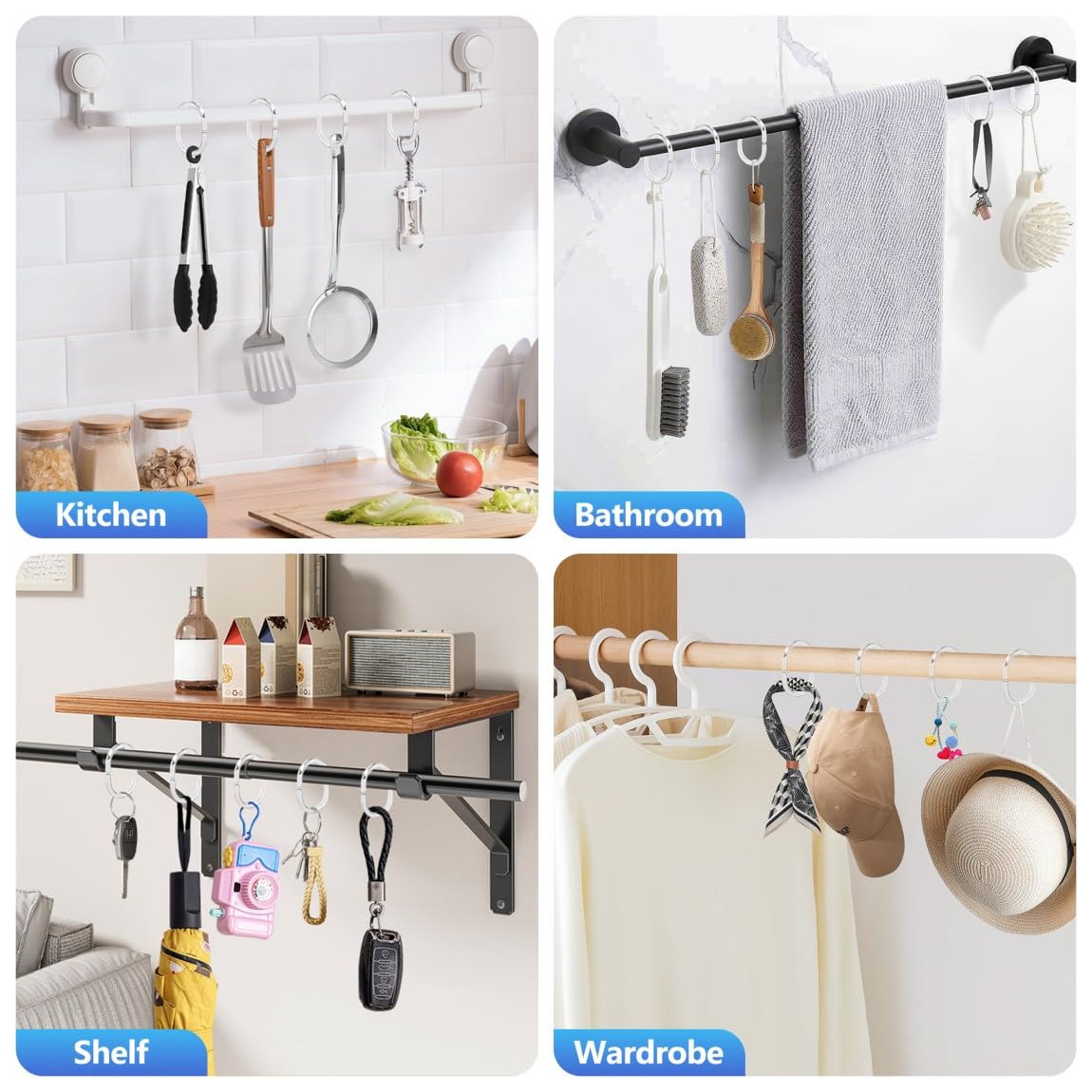 Resze 24 PCS Shower Curtain Rings, Plastic Clear Shower Curtain Hooks, C-Shaped Rings Hook Hanger Bathroom Shower Window Rod