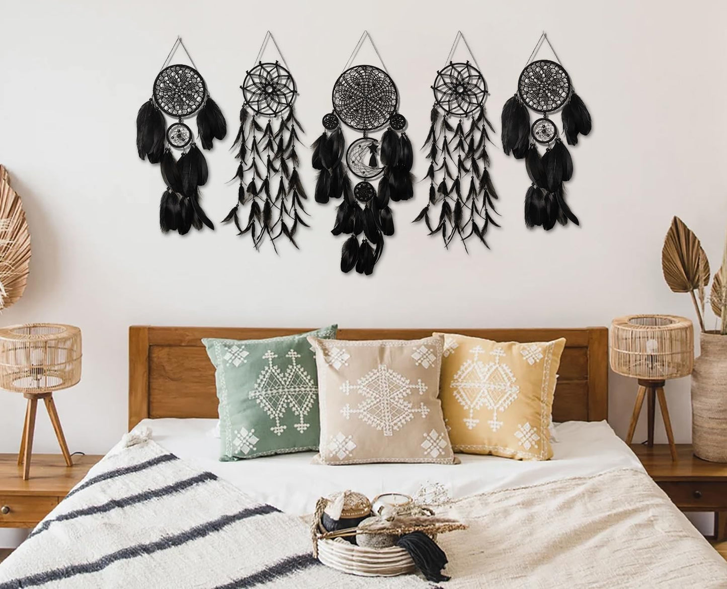 5 Pack Black Dream Catchers Boho Wall Decor Macrame Wall Hanging Large Moon Phase Handmade Traditional Dream Catcher for Bedroom Adult Living Room Home Halloween Decorations,Witchy Gifts(Black Set)