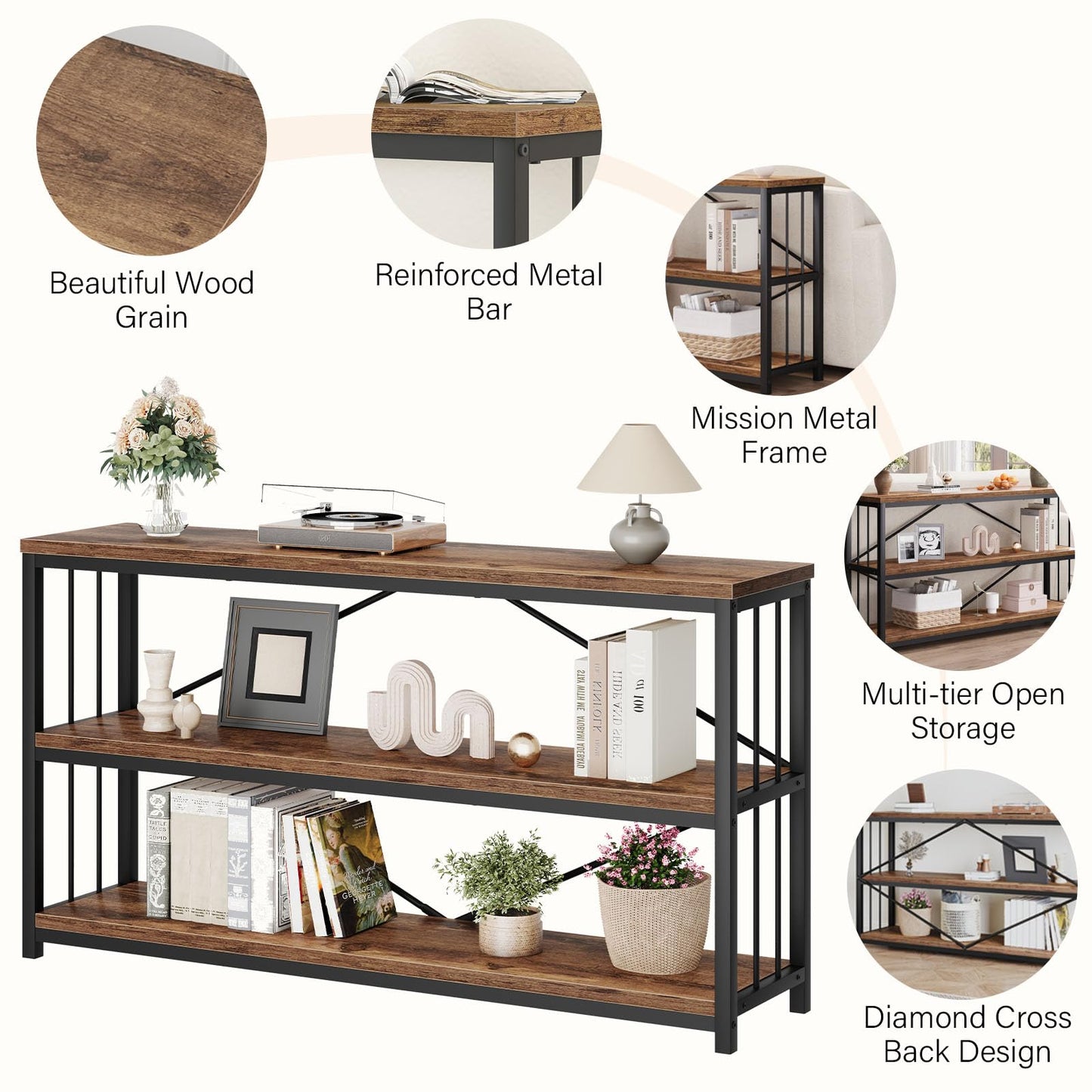 LVB Industrial Console Entryway Table, Metal Wood Rustic Sofa Table with Storage, Farmhouse 3 Tier Shelf Long Hallway Foyer Entry Tables Behind Couch for Home Living Room Entryway, Rustic Brown, 55 In
