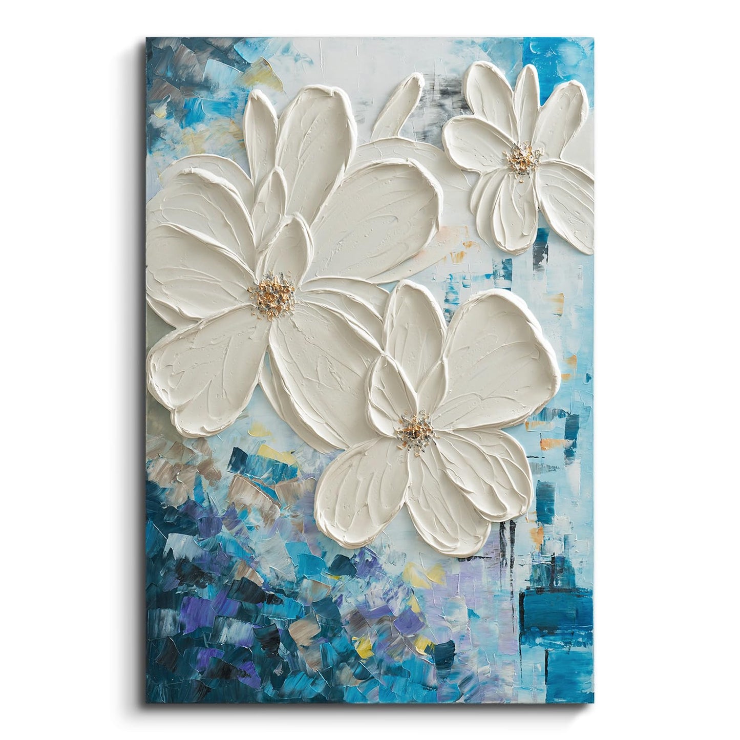 JUHOME Hand-Painted Textured Flower Oil Painting Canvas Wall Art,24x36 In Abstract White Floral Artwork, Vertical Modern Original Wall Decor for Living Room Bedroom Office