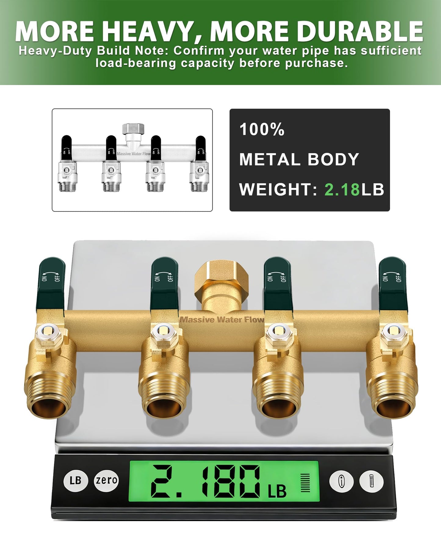 4 Way Hose Splitter, Heavy Duty Full Flow Garden Hose Splitter with 4 Large Metal Handles, Brass Water Hose Bib Splitter, T Adapter Connector with 3/4 - Inch GHT Thread (Green)