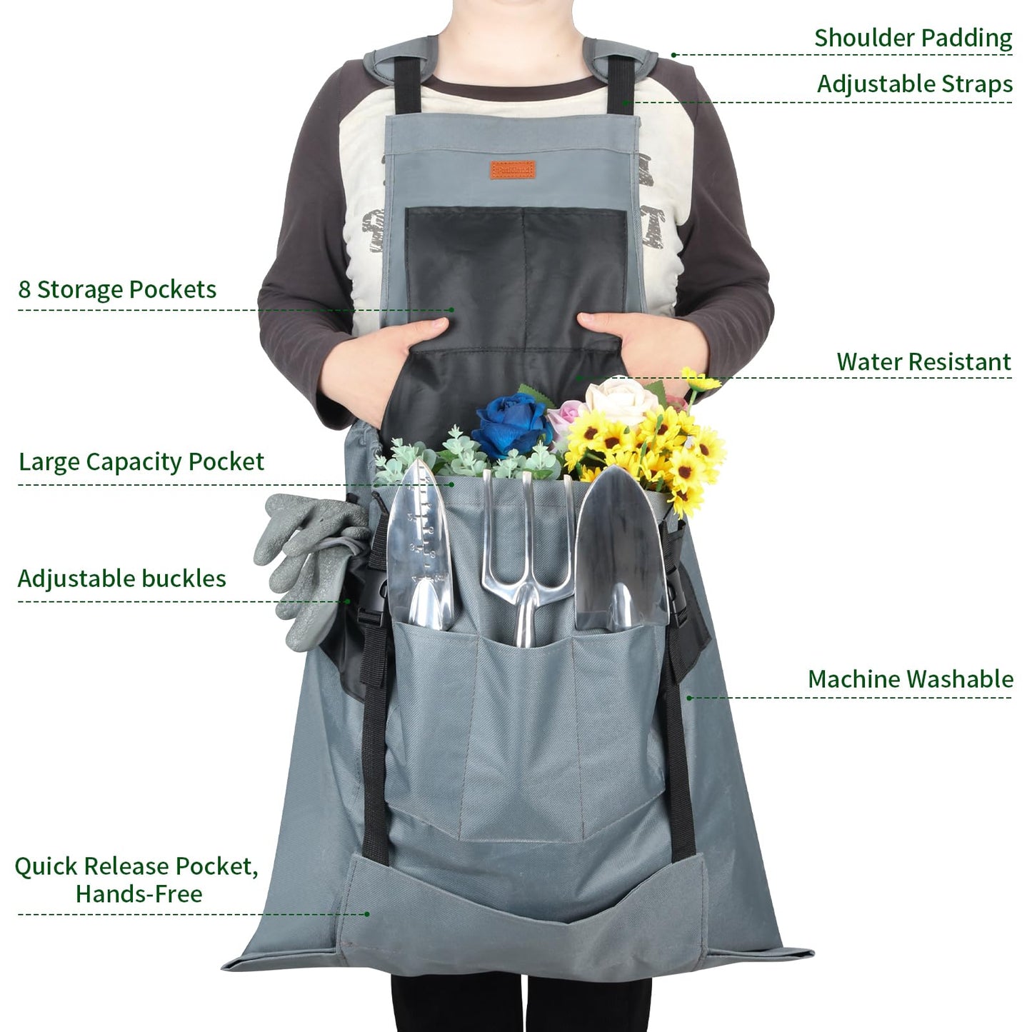Garden Harvest Apron, Patioland Gray Adjustable Fruit Picking Apron w/Bottom Release Pocket,Gardening Apron with Gloves for Women & Men, Fruit Picking and Foraging Apron for Gardeners, Gardening Gifts